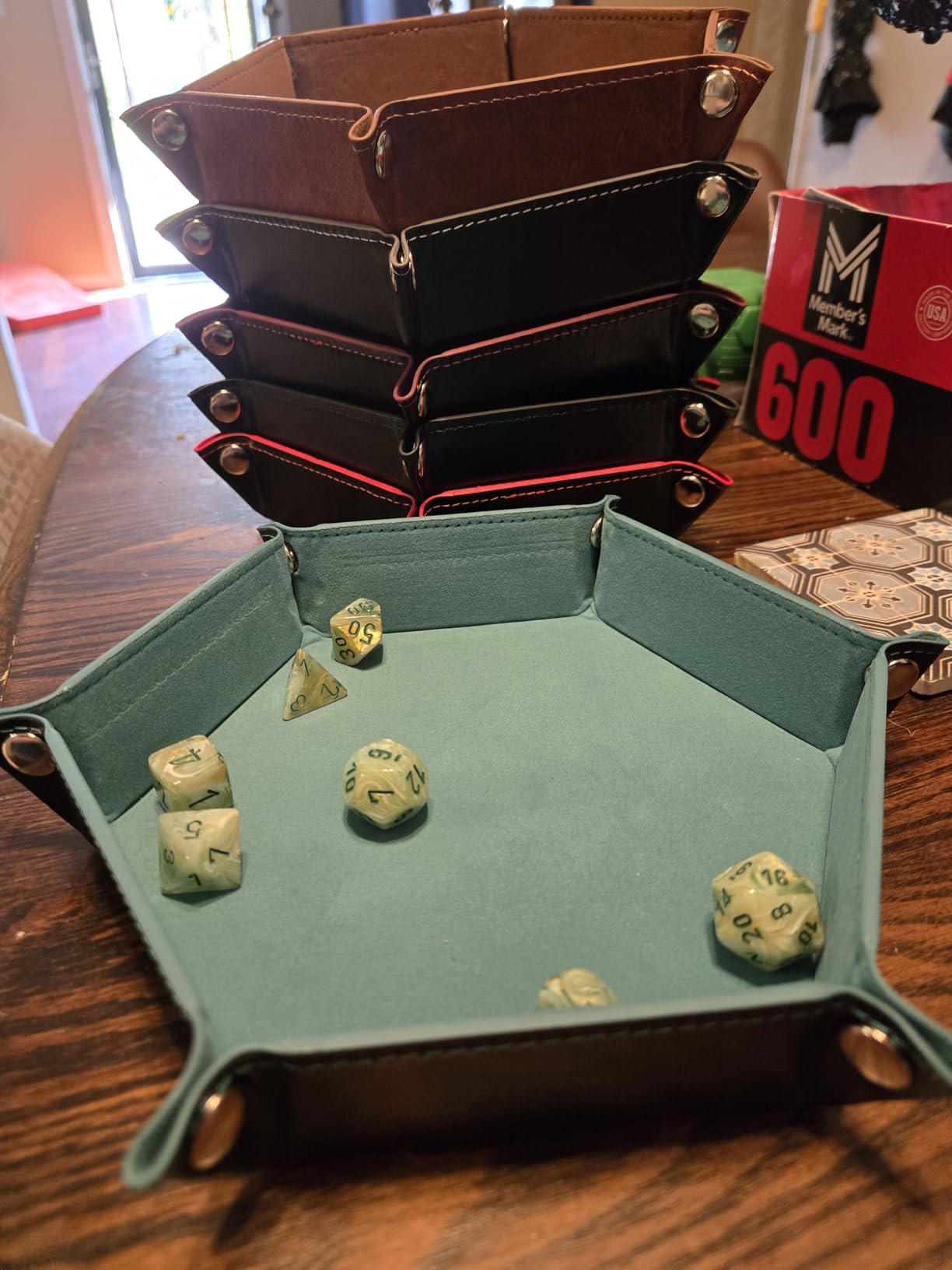 SIQUK 6 Pieces Dice Tray Hexagon Dice Rolling Holder Folding PU Leather Dice Trays for Dice Games Like RPG, DND and Other Table Games(Red, Blue, Violet, Black, Green, Yellow) customer photo 2