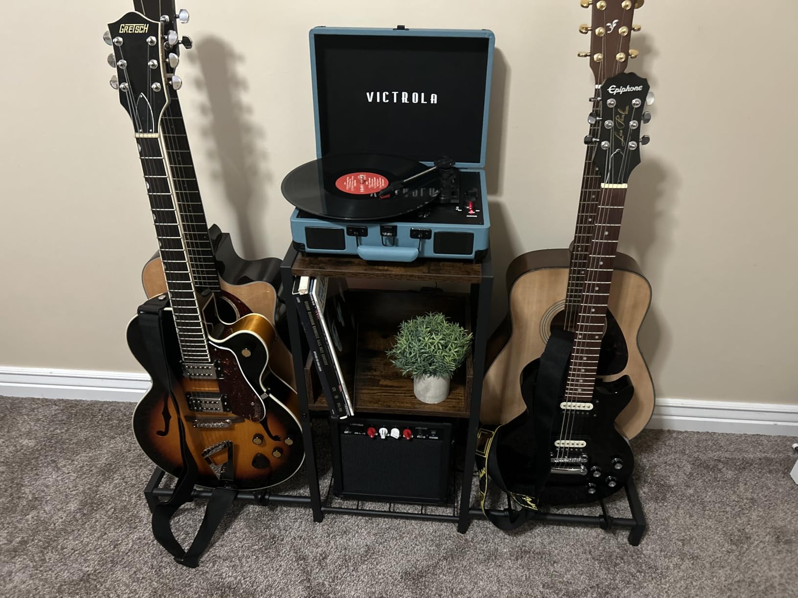 Bikoney Guitar Stand for 4 Guitars - Acoustic, Electric, Bass & Ukulele Floor Rack with 2 Wood Shelves for Amp Holder, Vinyl Records & Media Storage - Adjustable Multi Guitar Display Stand for Music Studio Home (Patent) customer photo 2