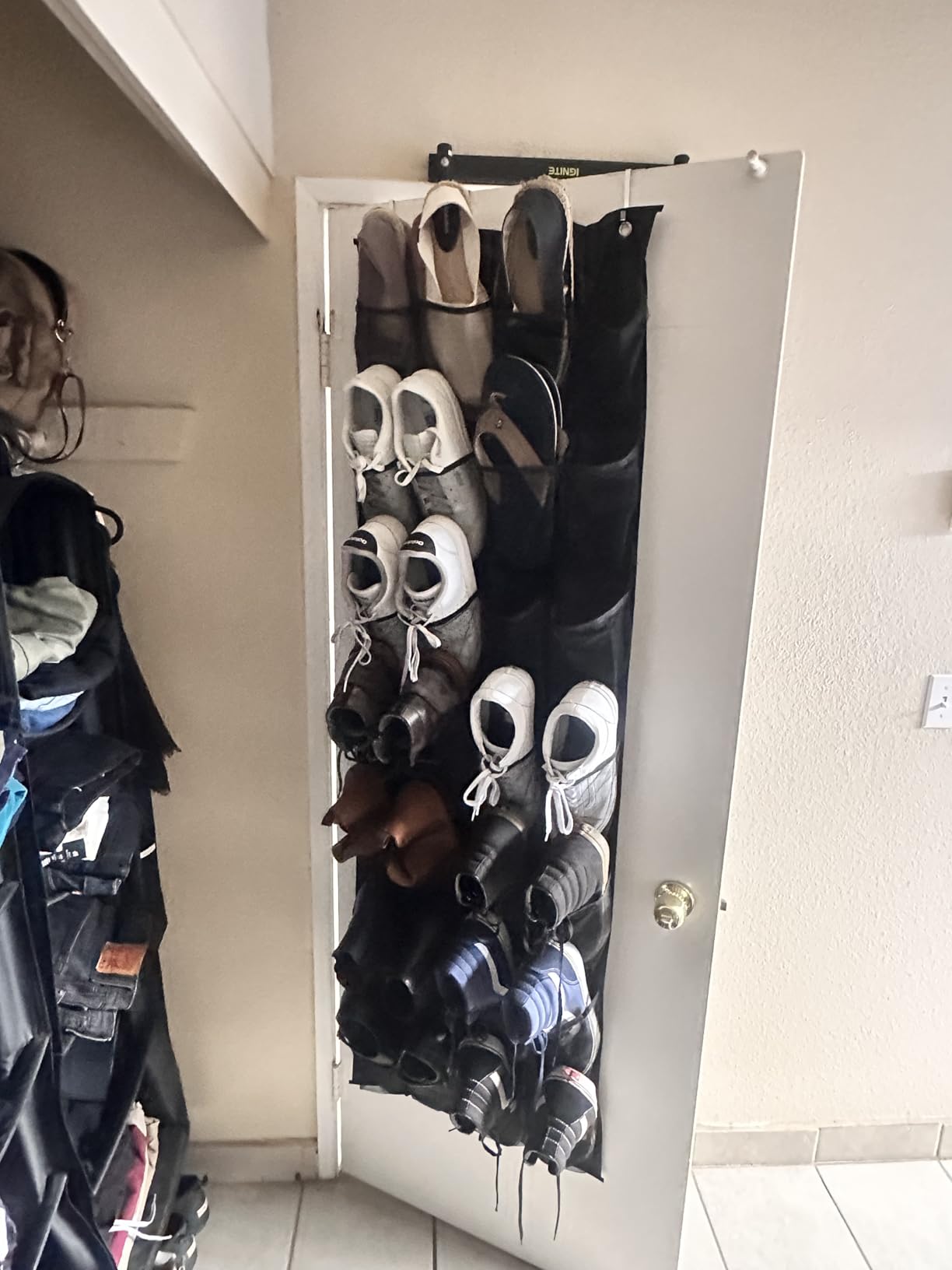 MISSLO 35 Large Pockets Over The Door Shoe Organizer Sturdy Oxford Fabric Hanging Shoe Rack for Door Mesh Closet Shoe Holder Hanger, White customer photo 1