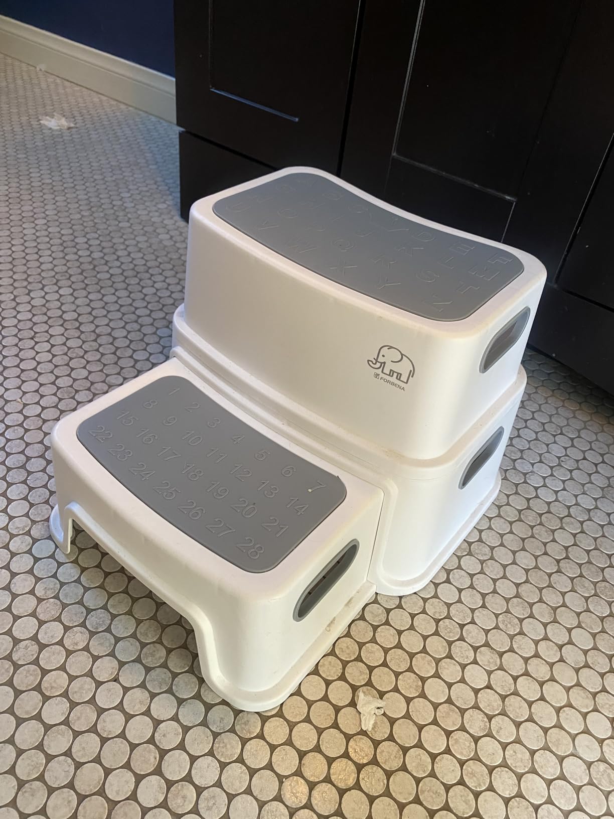 Forbena Toddler Step Stool for Bathroom Sink, 2 Step Stool for Kids Toilet Potty Training, Non-Slip Toddlers Baby Child Kid Plastic Poop Stools with Handle for Kitchen Counter Bed (White-Grey) customer photo 2