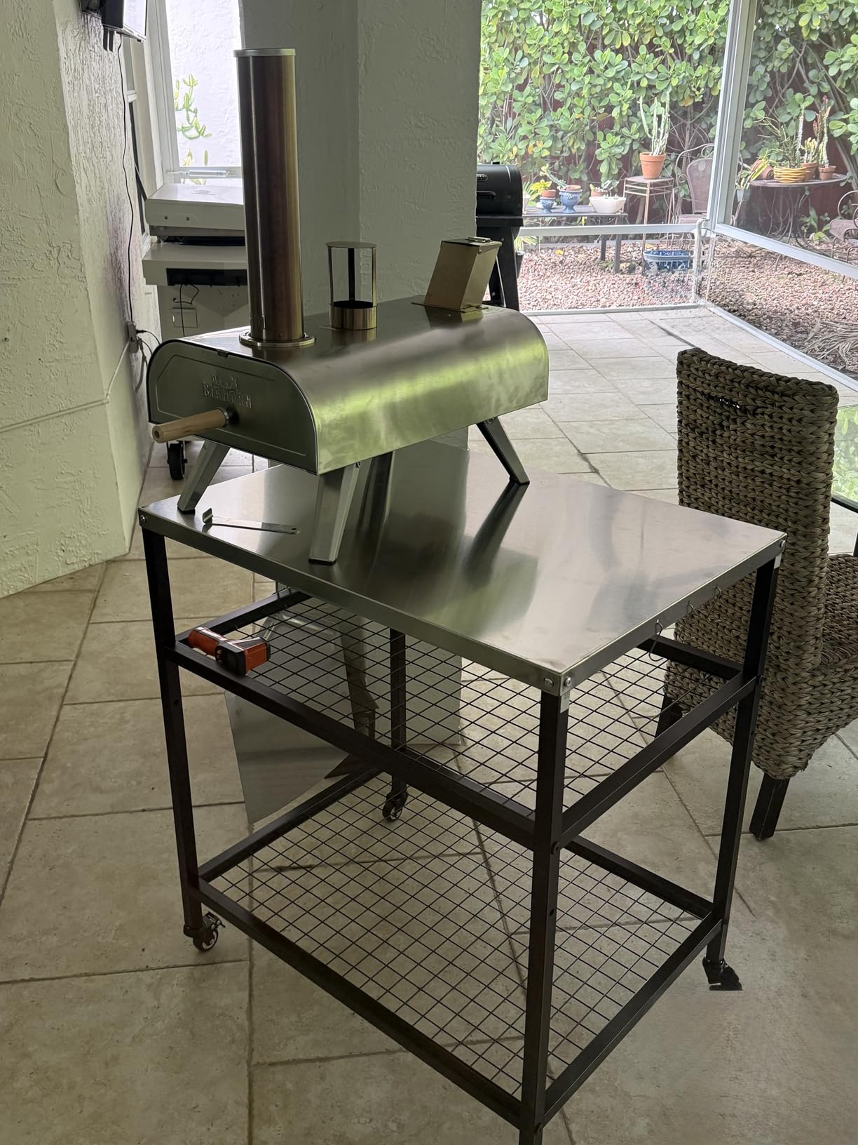 Stainless Steel Outdoor Grill Cart Pizza Oven Stand Trolley Table with Wheels Three-Shelf Movable Food Prep and Work Table Heavy Duty Grill Carts Outdoor Cart 31.5