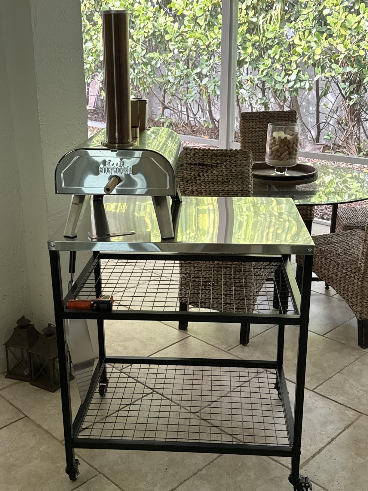 Stainless Steel Outdoor Grill Cart Pizza Oven Stand Trolley Table with Wheels Three-Shelf Movable Food Prep and Work Table Heavy Duty Grill Carts Outdoor Cart 31.5