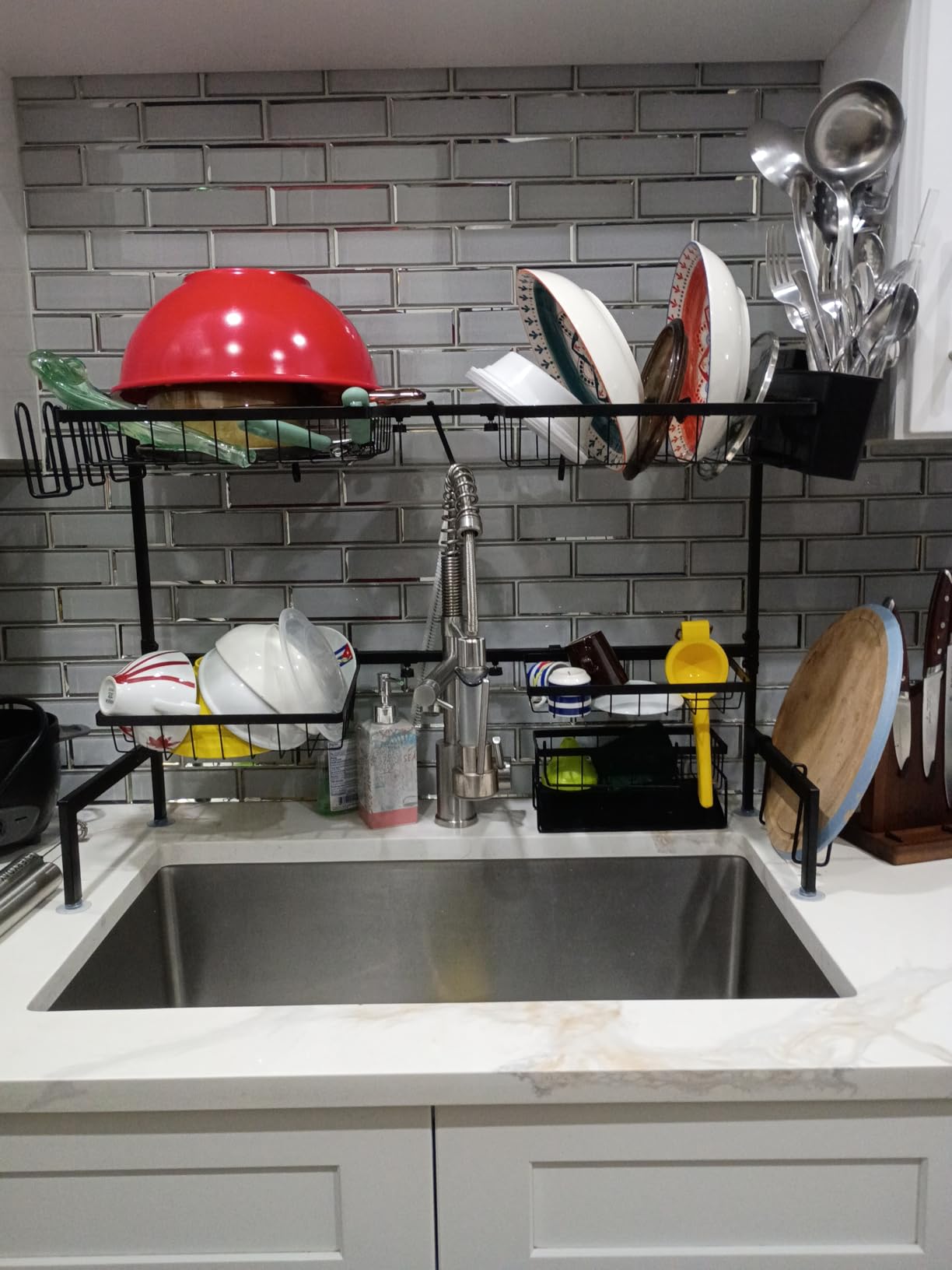 YKLSLH 4 Baskets Over The Sink Dish Drying Rack, Extendable Large Capacity Sink Rack, Metal Drying Rack Saving Space,for Most Sinks (26.57
