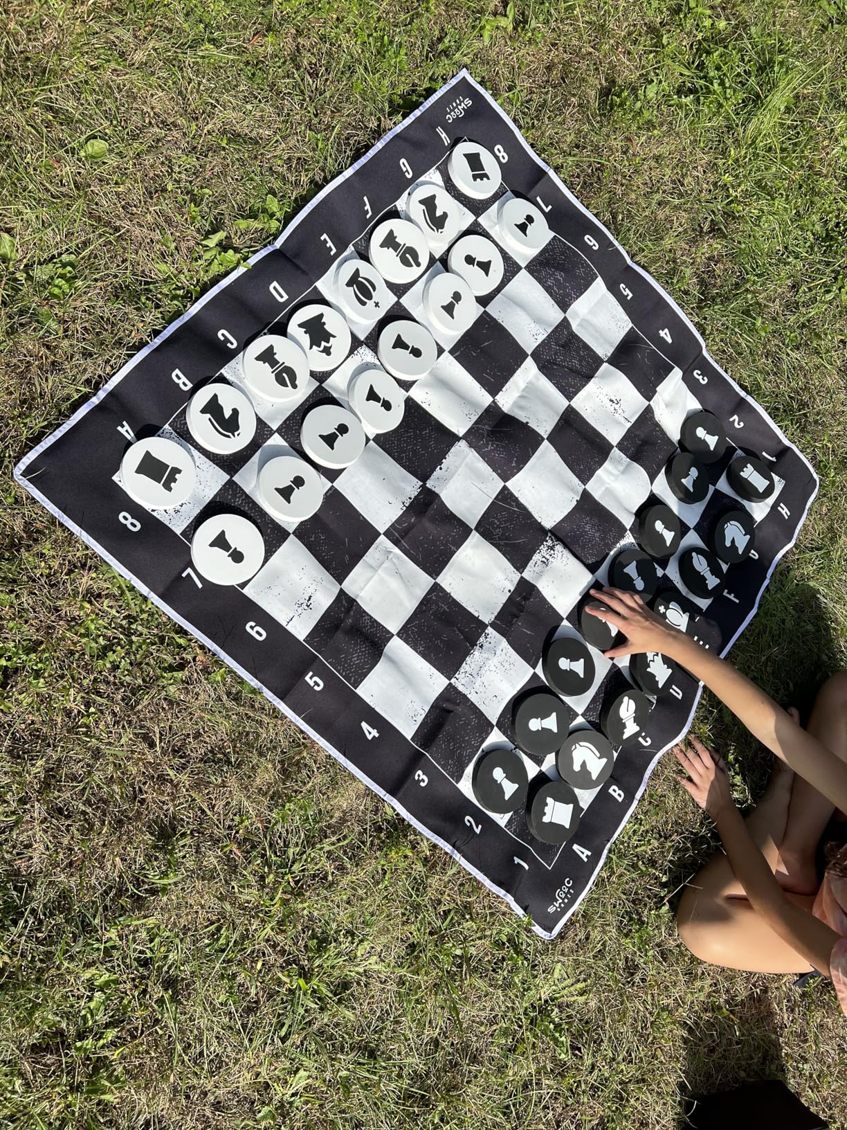 Swooc Games - 3-in-1 Giant Chess, Checkers, & Chess Tac Toe Game with Mat (4ft x 4ft) - Machine-Washable Canvas & 5