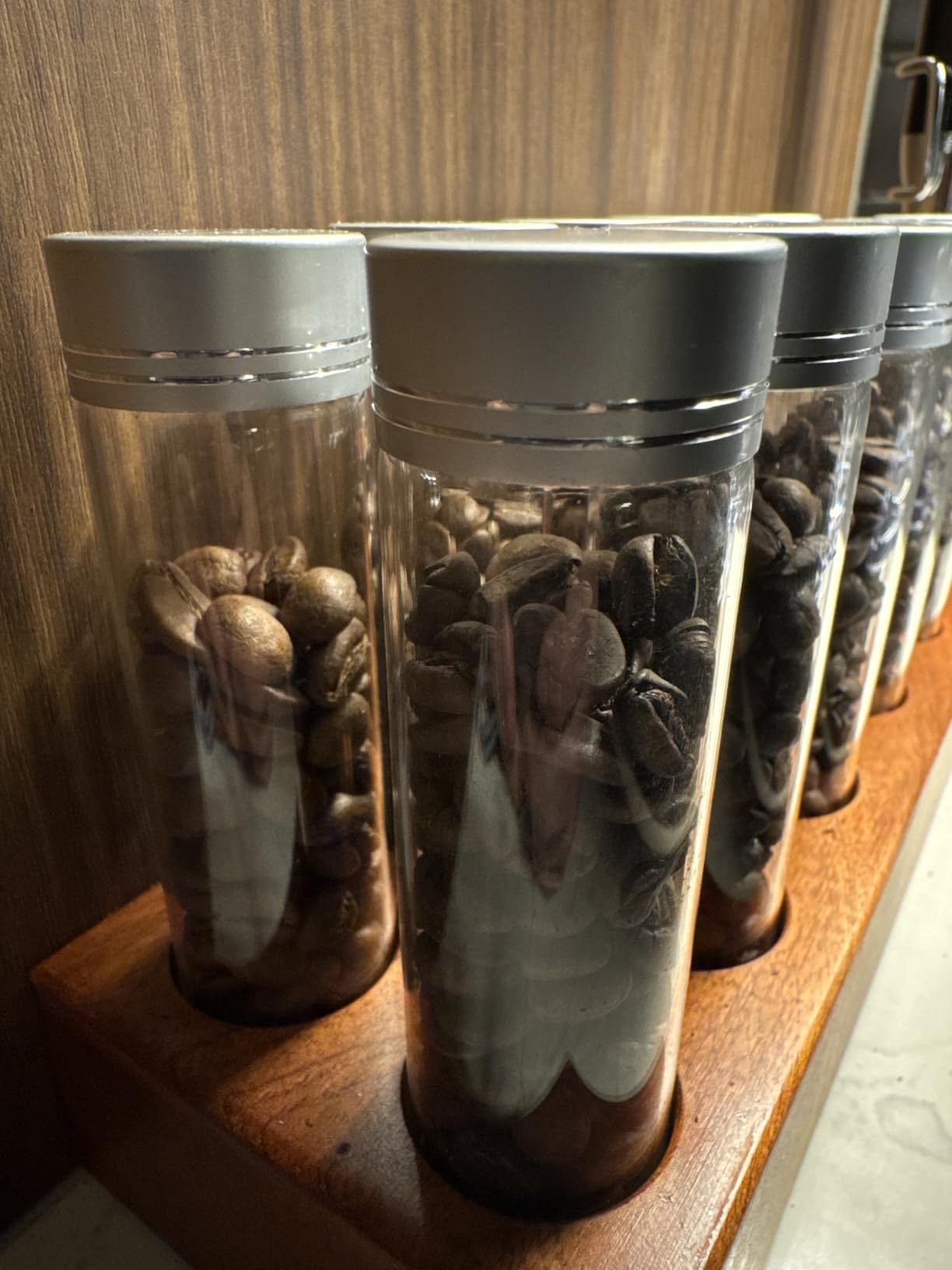 Single Dose Coffee Bean Storage Tubes Coffee Bean Cellar 10 Pcs Dosing Glass Vials With Lids (2 Oz) Wooden Display Stand And Funnel customer photo 1