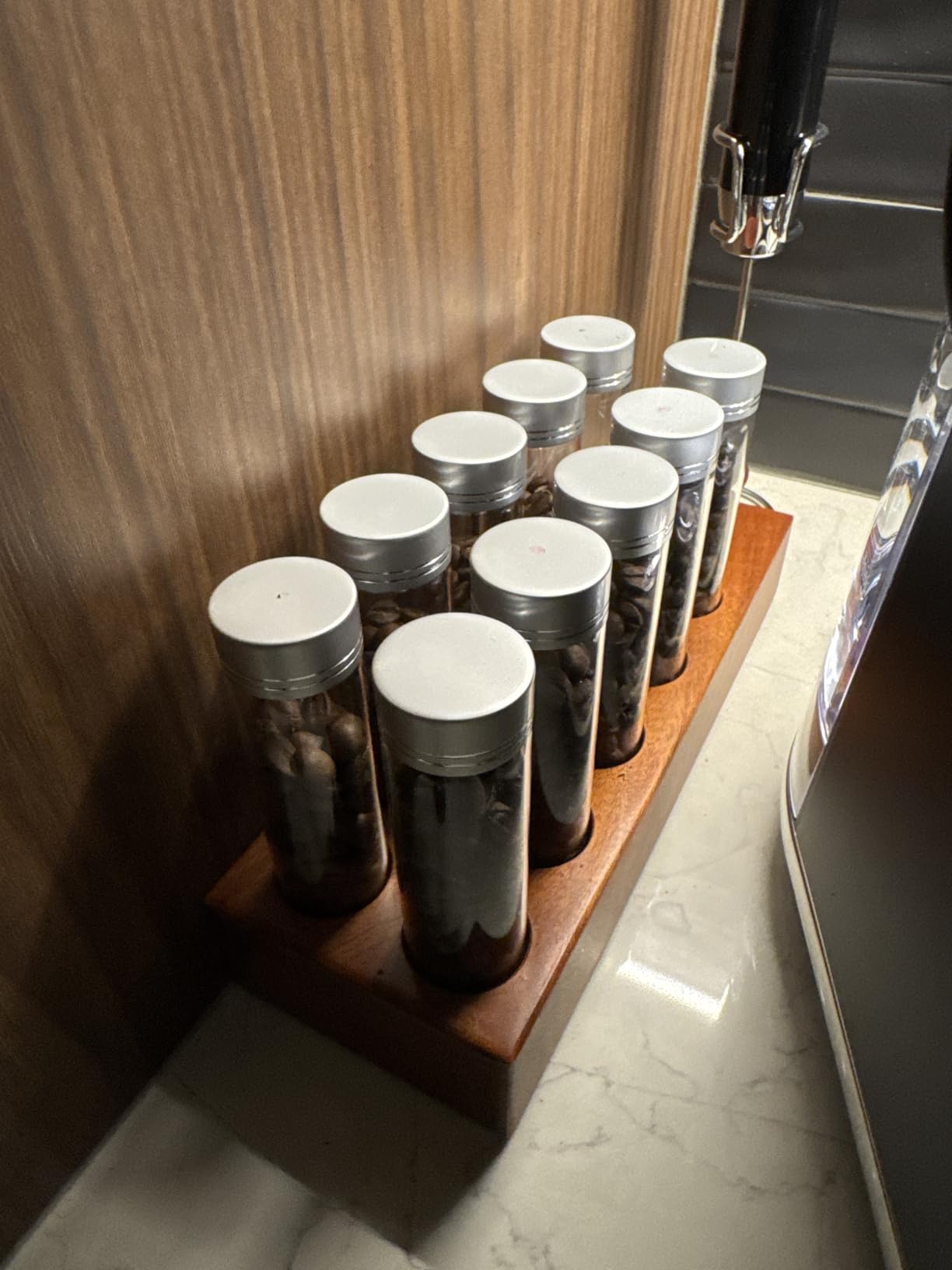 Single Dose Coffee Bean Storage Tubes Coffee Bean Cellar 10 Pcs Dosing Glass Vials With Lids (2 Oz) Wooden Display Stand And Funnel customer photo 2