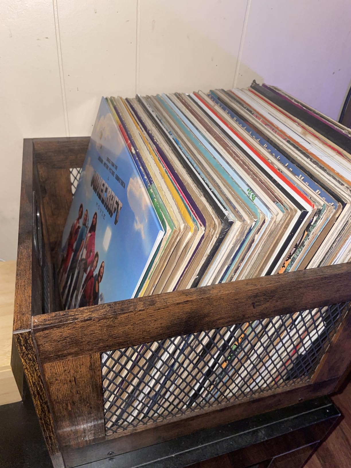 Vinyl Record Storage Crate Wooden Record Holder, Classic Cube Record Organizer Storage 100+ Records, Brown Color customer photo 1