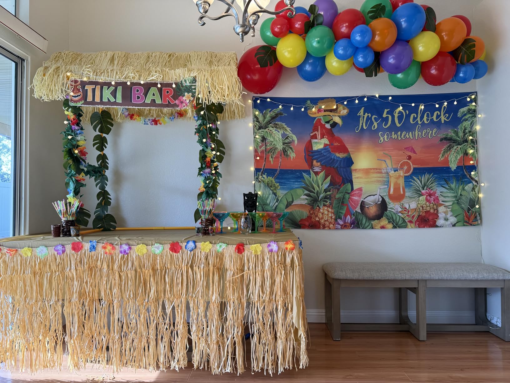 Auihiay 50PCS Tiki Bar Hut Kit, Tiki Hut Decoration Includes Tiki Bar, Banner, Roof, Palm Leaves, Flower Garland and Table Skirt customer photo 1