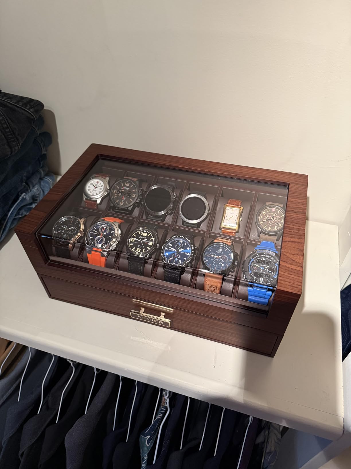 High End Watch Box for Men, 12 Slot Wooden Watch Case With Drawer, Watch Display Box with Glass Lid, 2-Layer Watch Holder for Jewelry and Watch Storage for Men Women, Ideal for Gift (With Gift Box) customer photo 2