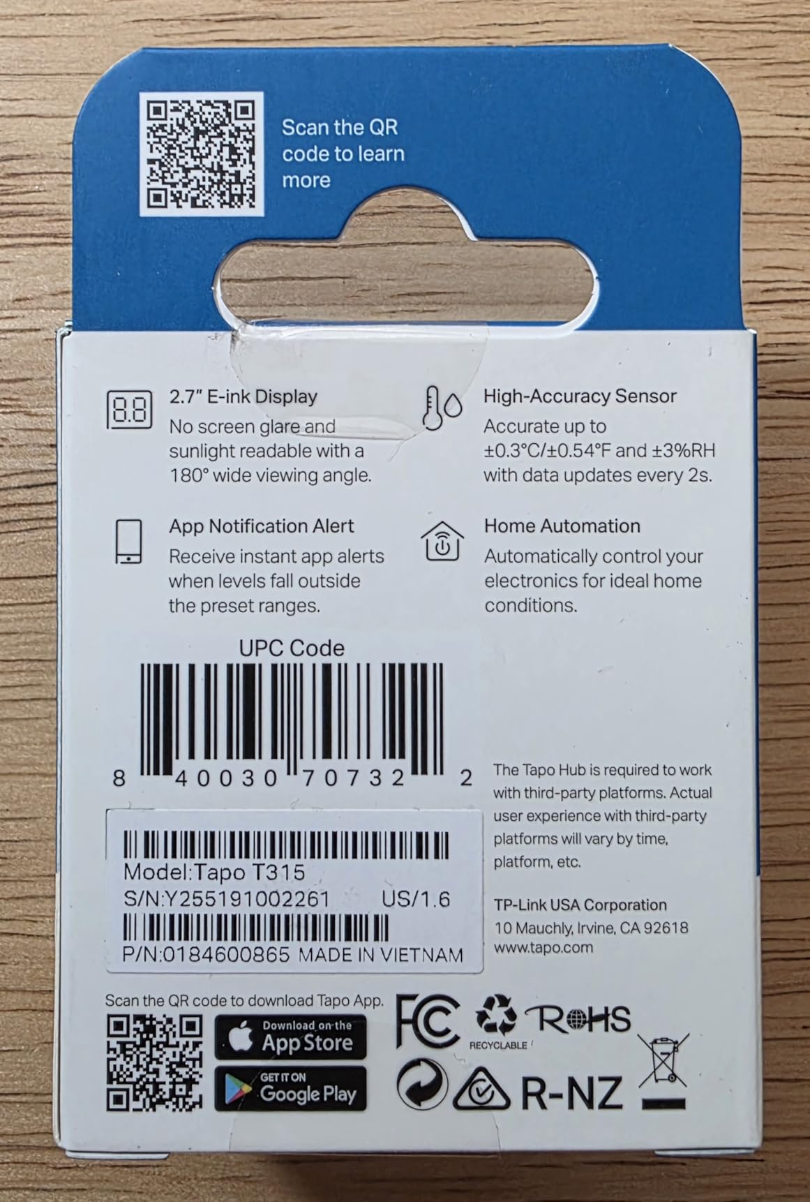 Tapo Smart Temperature and Humidity Monitor, 2.7