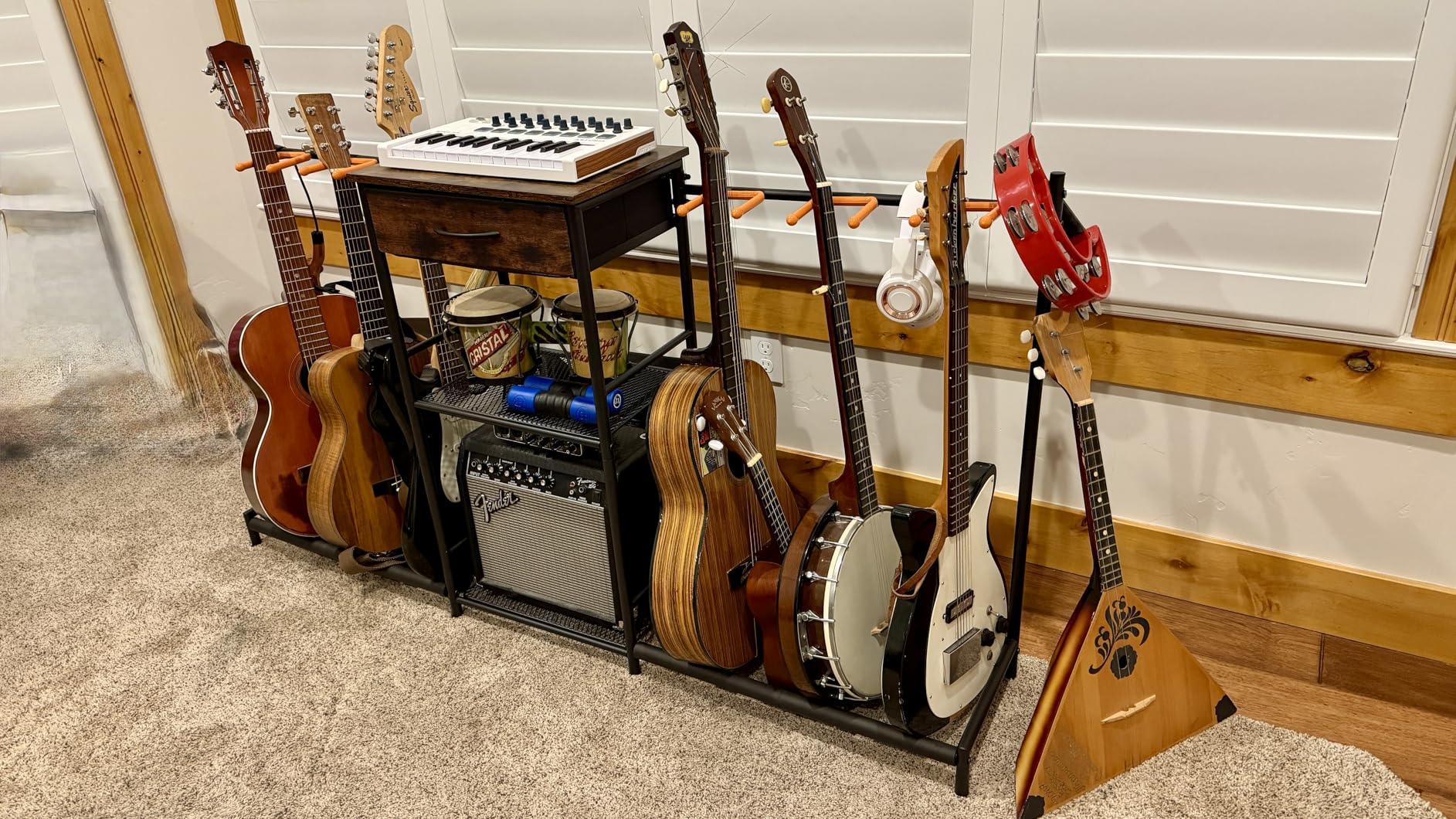 Guitar Stands Floor with 4 Guitar Holders, 3-Tier Guitar Stand Multiple Guitars, Guitar Rack with Amp Stand & Cloth Drawer, Multi Guitar Stand for Music Studio, Guitar Accessories gift for Music Lover customer photo 2