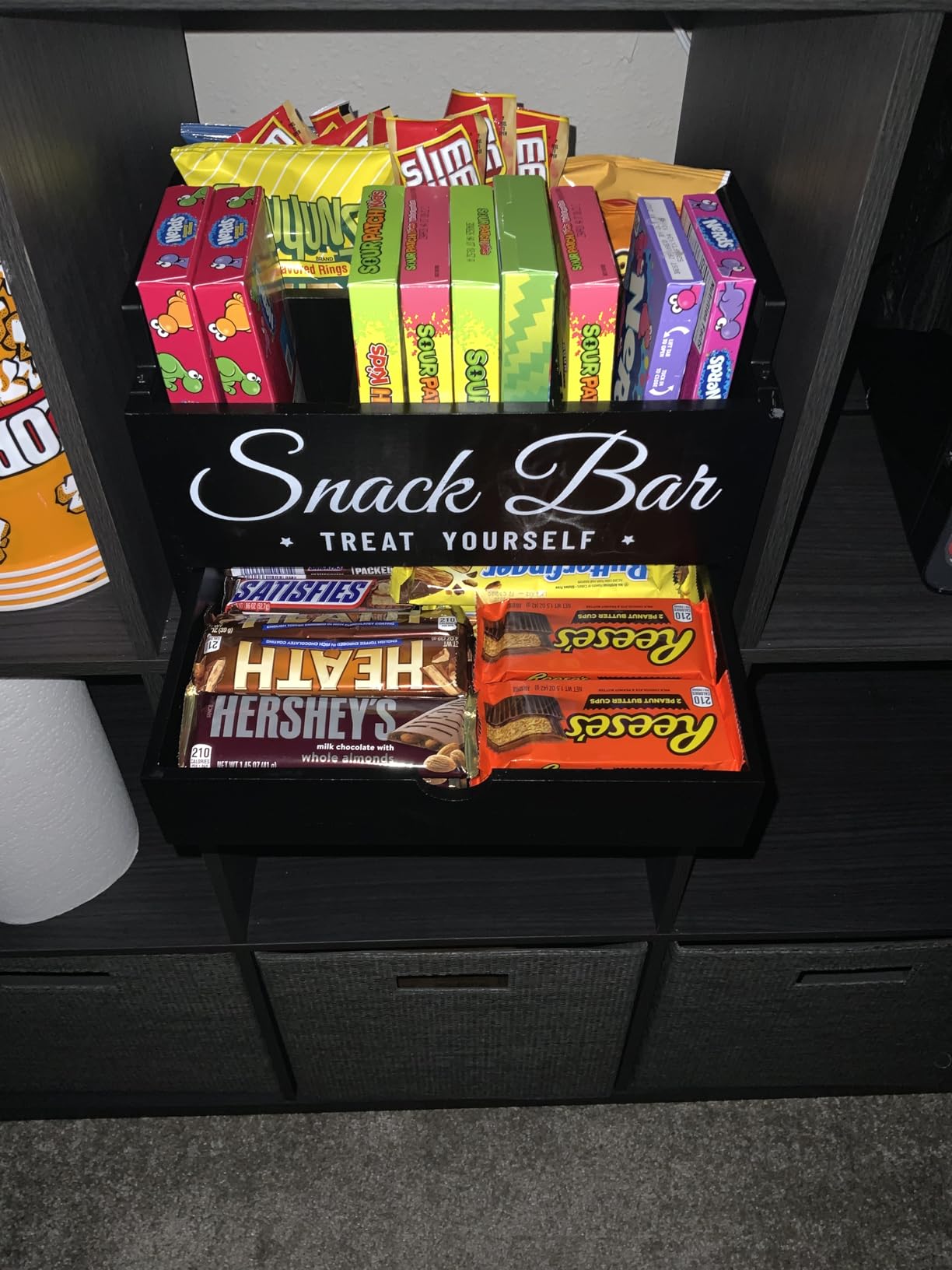 Snack Organizer for Countertop, Wood Pantry Storage Bins with Handles, Snack Bar Organizer for Kitchen, Office, 4 Compartment Food Container Snack Box with Drawer customer photo 2