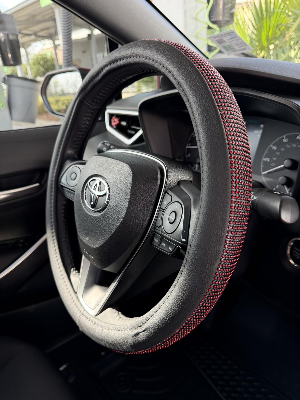 CAR PASS Bling Diamond Leather Steering Wheel Cover, With Sparkly Crystal Glitter Rhinestones Universal Fit 14