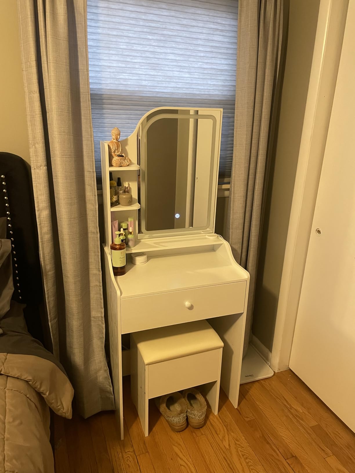 LIKIMIO Small Makeup Vanity Desk with Mirror and Lights, Vanity Table Set with Storage Drawer, Chair and Three Shelves, Bedroom, White customer photo 2