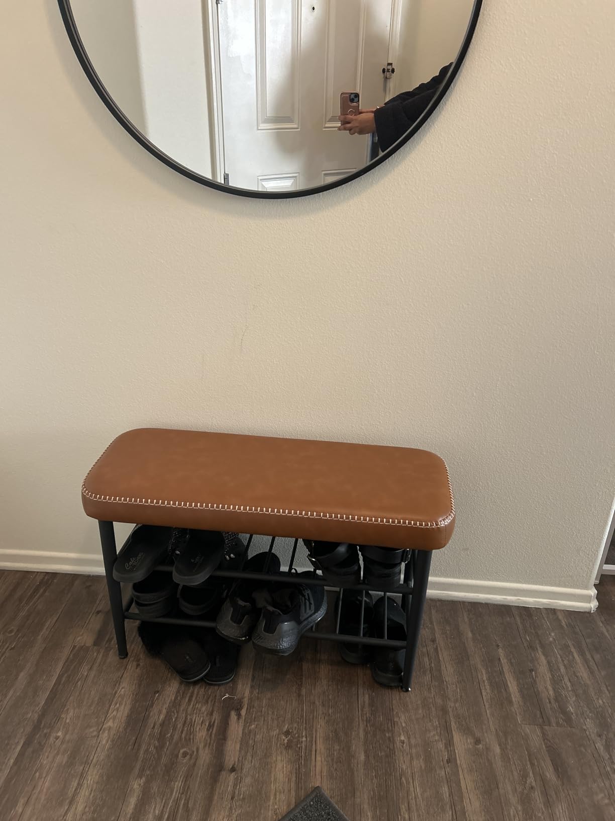 VASAGLE EKHO Collection - Shoe Rack Bench, Storage Bench for Entryway, Synthetic Leather with Stitching, Mid-Century Modern, Caramel Brown customer photo 2