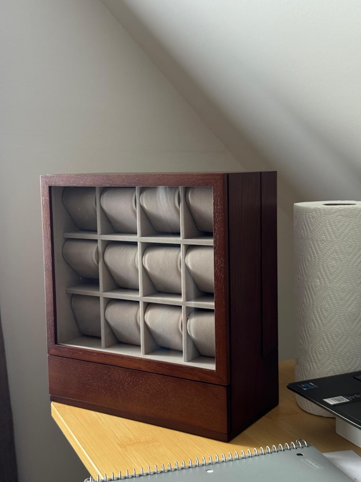 SONGMICS 12-Slot Watch Box, Watch Display Case with Window, Solid Wood Veneer, Velvet Lining, Vertical Storage, Space Saving, Gift Idea, Ebony Black UJOW014B01 customer photo 2