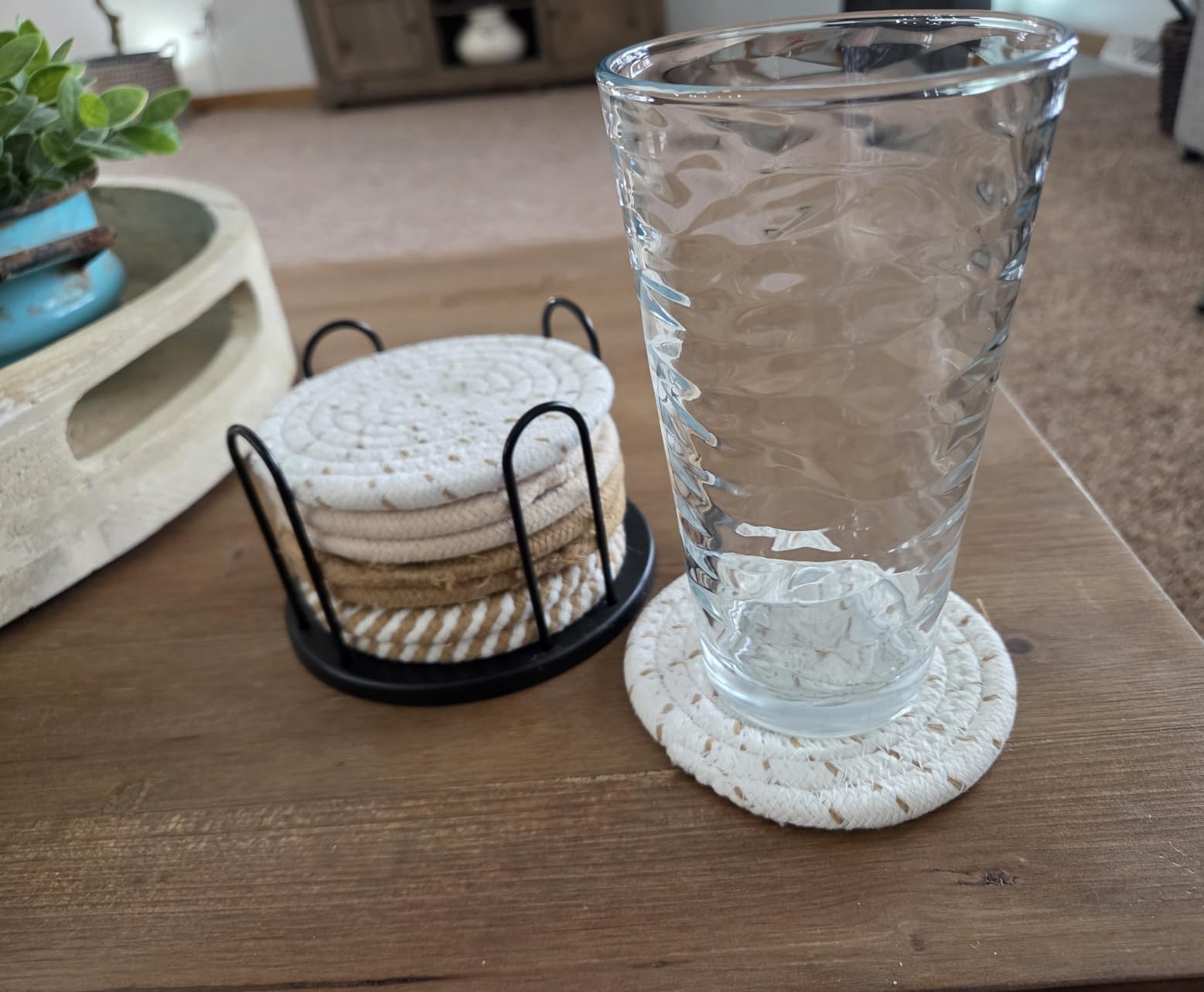 Coasters Set of 8 for Drinks, Beer, Coffee, Cotton Woven 4 Colors Absorbent Coaster with Holder, Boho Coasters for Home Decor Tabletop Protection Suitable for Kinds of Cups, Coffee customer photo 2