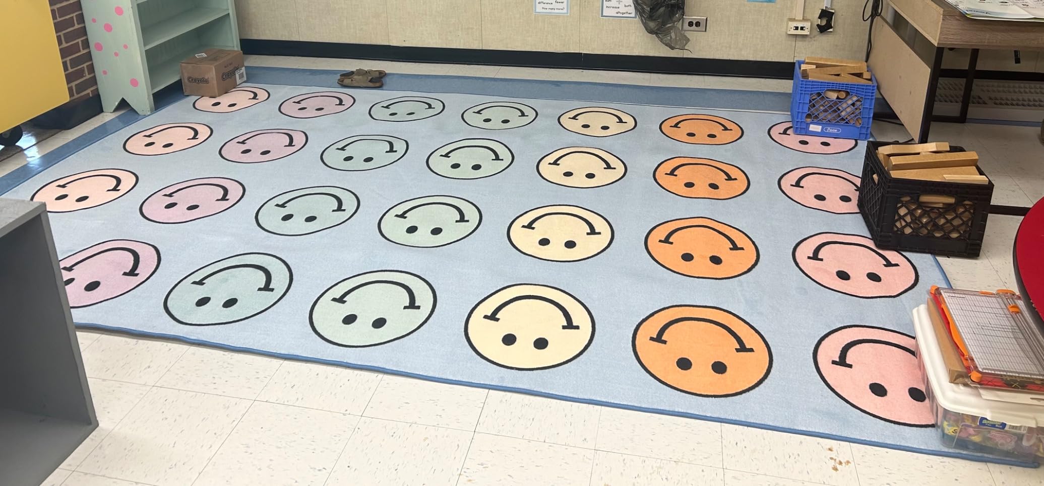 Flagship Carpets Pastel Rainbow Smileys Criss-Cross Applesauce Educational Area Rug for Kids Room, Children's Classroom for Teaching and Playroom, 7'6