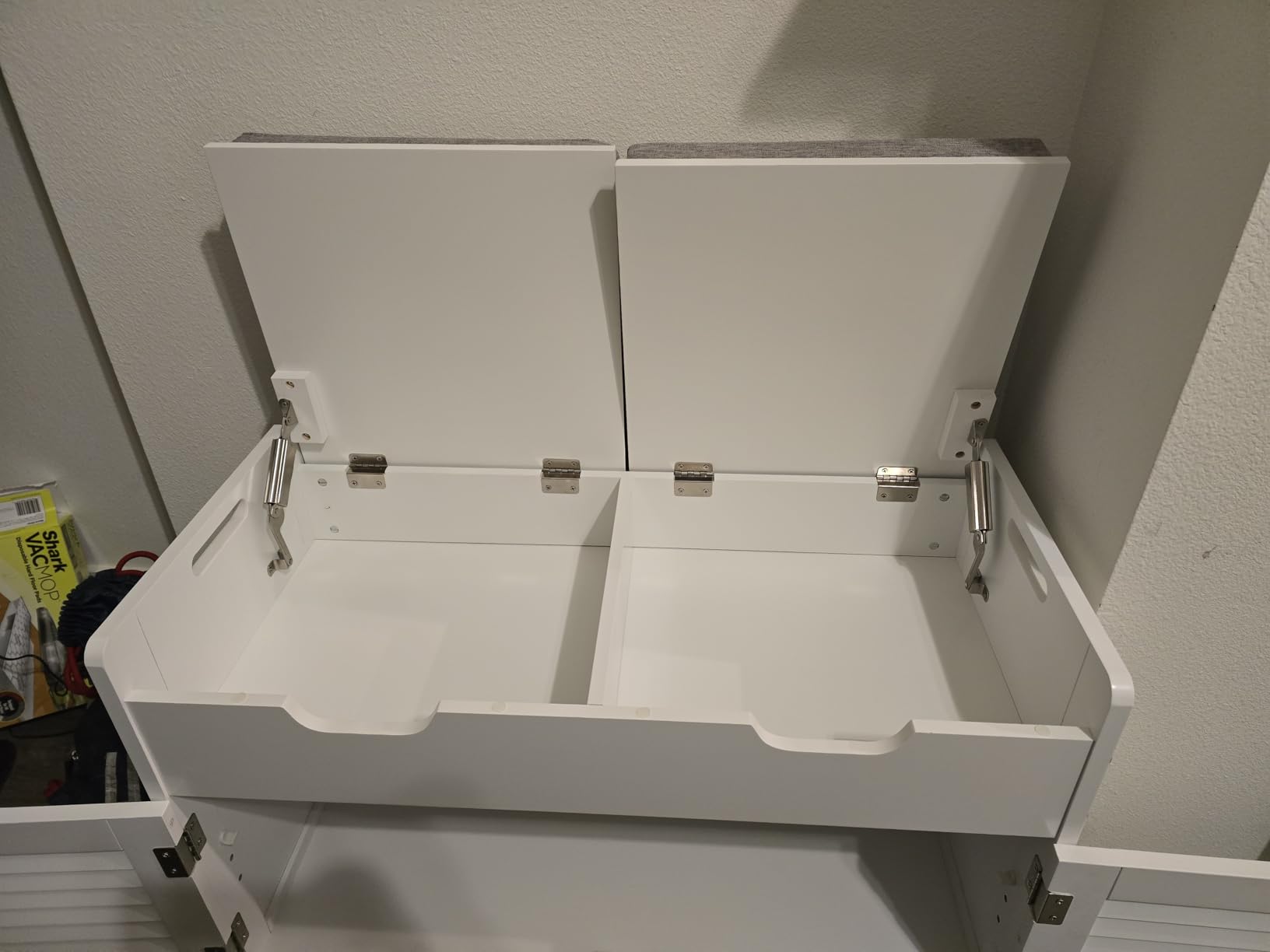 ChooChoo Shoe Storage Bench with Lift Top Storage, Entryway Bench with 2 Cushioned Seats, 3 Compartments, Adjustable Shelf, White customer photo 1