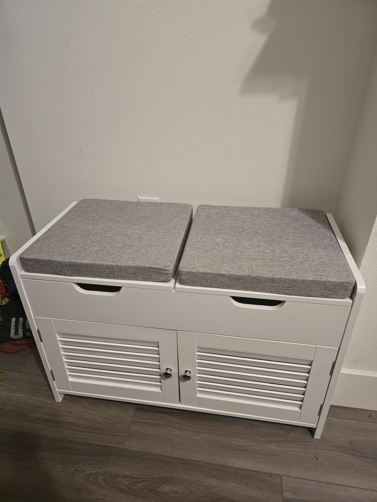 ChooChoo Shoe Storage Bench with Lift Top Storage, Entryway Bench with 2 Cushioned Seats, 3 Compartments, Adjustable Shelf, White customer photo 2