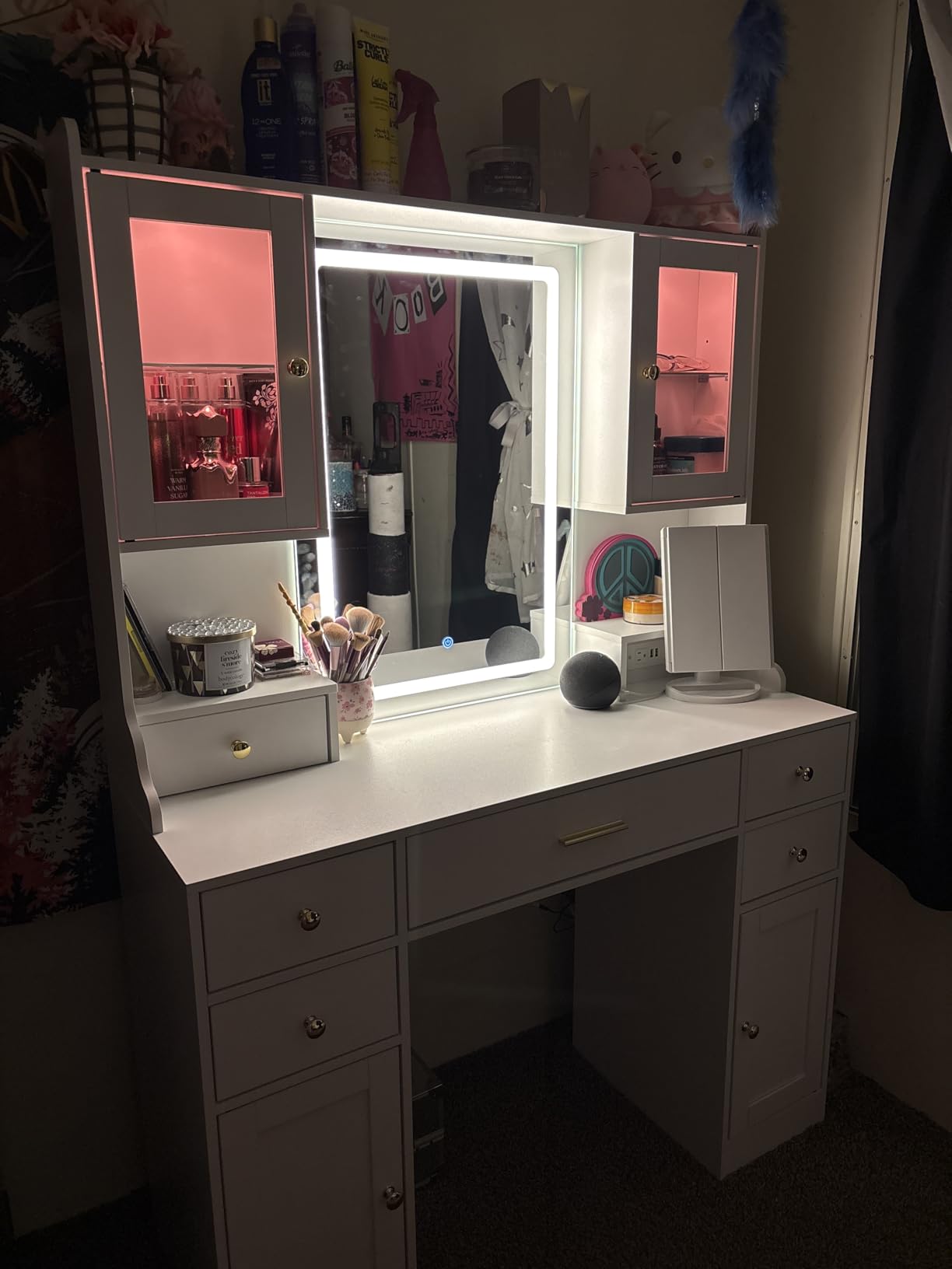 White Makeup Vanity Desk with Mirror and Lights, Large Vanity Table Set with Charging Station, Dressing Table with RGB Cabinets, Makeup Vanity Mirror with Light Desk and Drawers, 3 LED Light Modes customer photo 2
