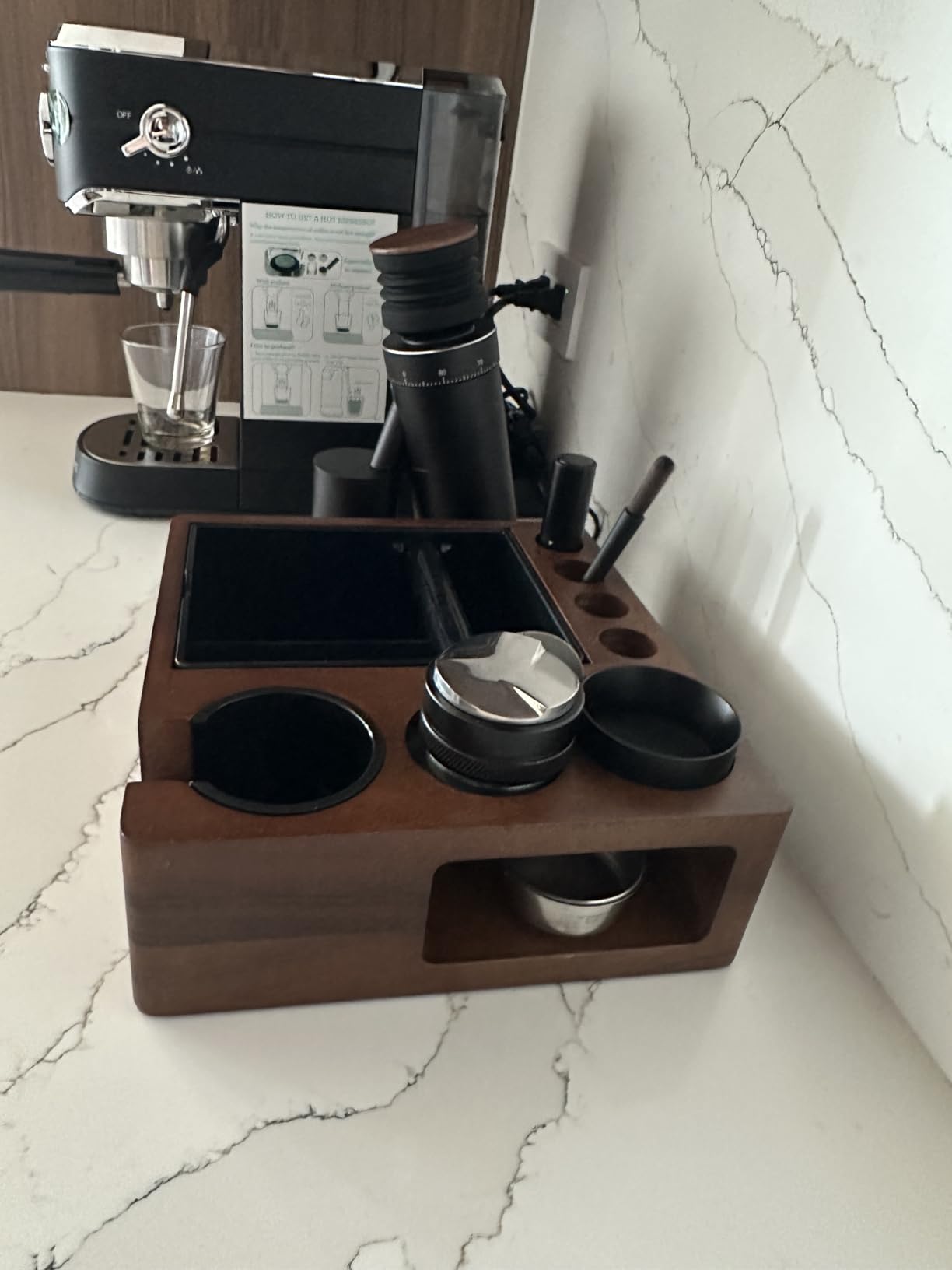 Espresso tamping station and knock box, Wooden portafilter holder, Espresso organizer station box, Tamping station fit for storage 51/54/58mm coffee accessories, Multifunctional espresso station customer photo 1