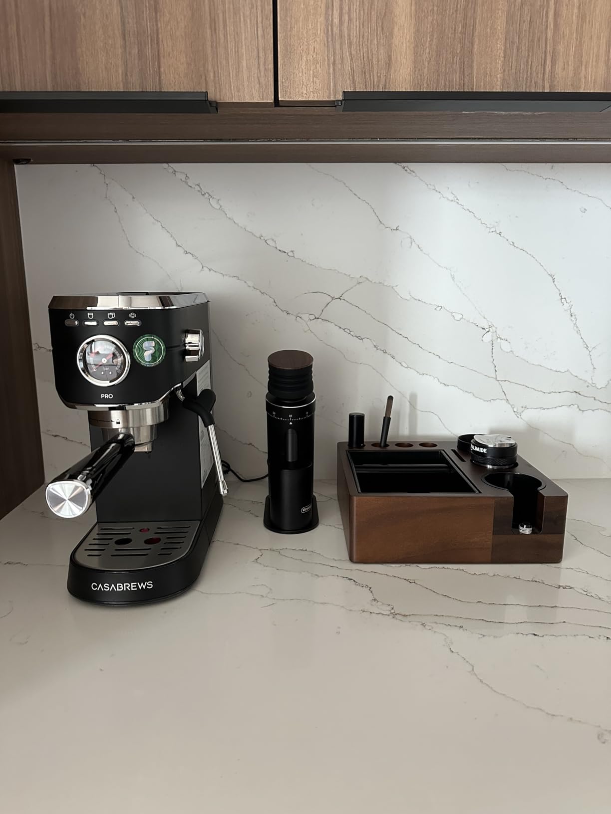 Espresso tamping station and knock box, Wooden portafilter holder, Espresso organizer station box, Tamping station fit for storage 51/54/58mm coffee accessories, Multifunctional espresso station customer photo 2
