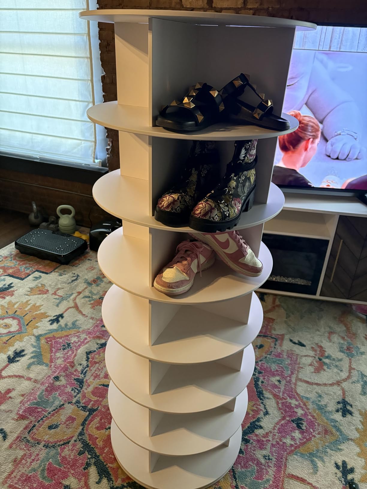 SpaceAid 7 Tier Rotating Shoe Rack Tower, Spinning Shoe Display Lazy Susan, Revolving 360 Shoe Rack Storage Round Carousel, Vertical Handbag Rotate Shoes Closet Organization (7-Tier White) customer photo 2