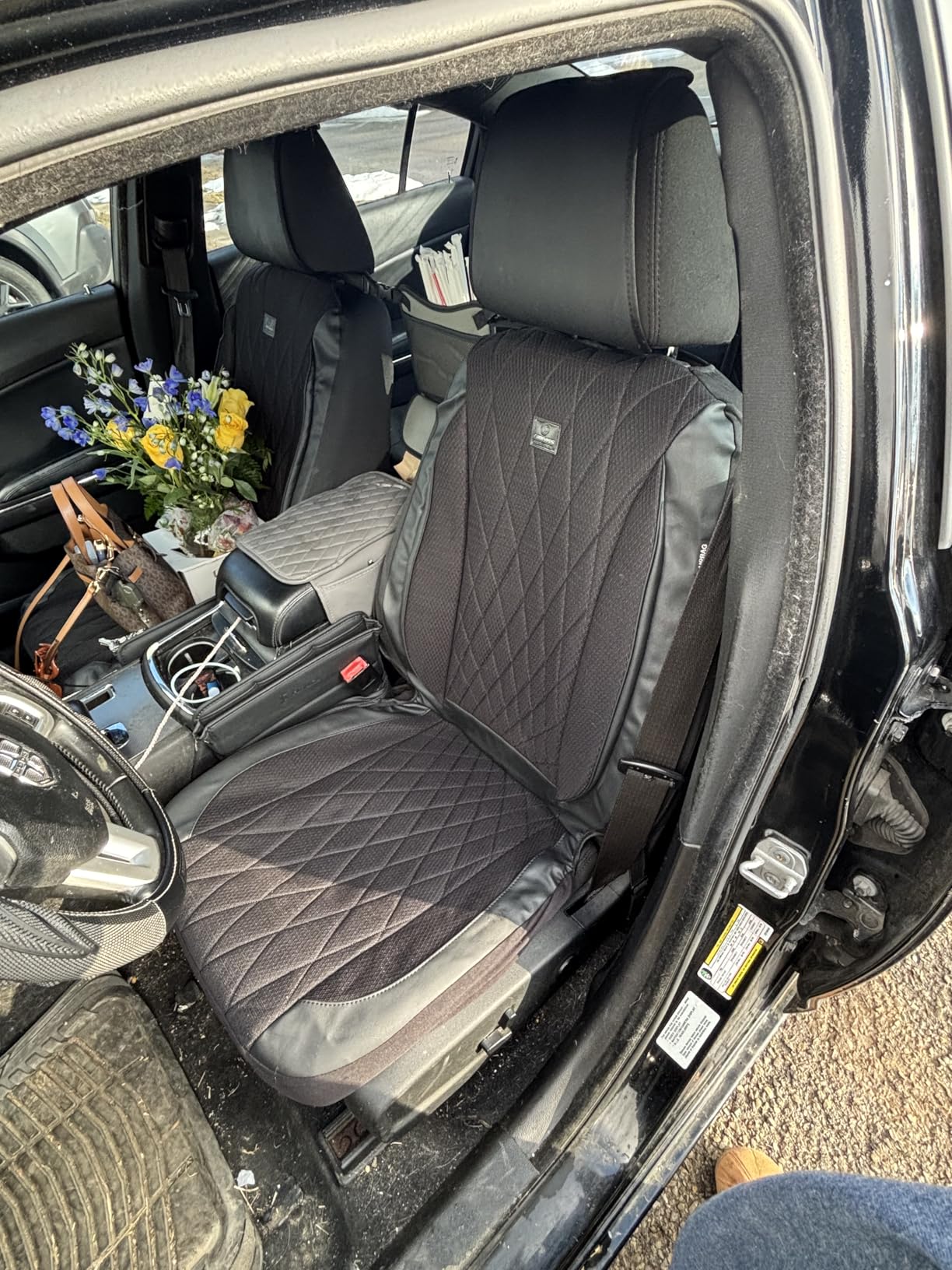 CAR PASS 5 Seats Piping Luxury Faux Leather Seat Covers Full Set, Anti-Slip Waterproof Seat Covers Compatible with Front Armrests, Universal Fit for Suvs,Vans,Trucks,Airbag Compatible, Pure Black customer photo 2
