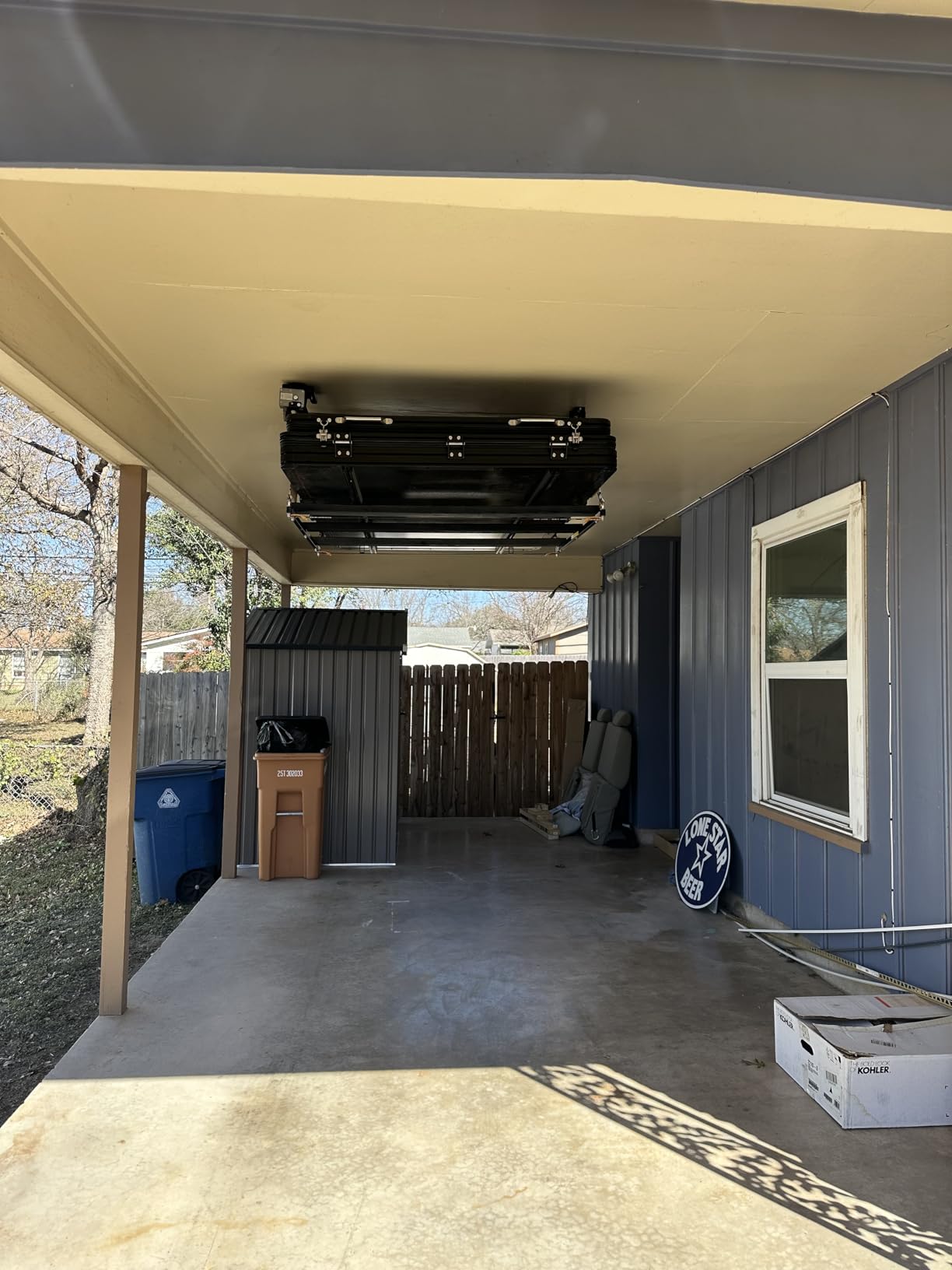 FLEXIMOUNTS GL1 Overhead Garage Lifting Storage Rack, 4x4 Ft Heavy-Duty Metal Garage Ceiling Rack, Adjustable Organization System With 71''L Axle, 350lbs Weight, Black customer photo 1