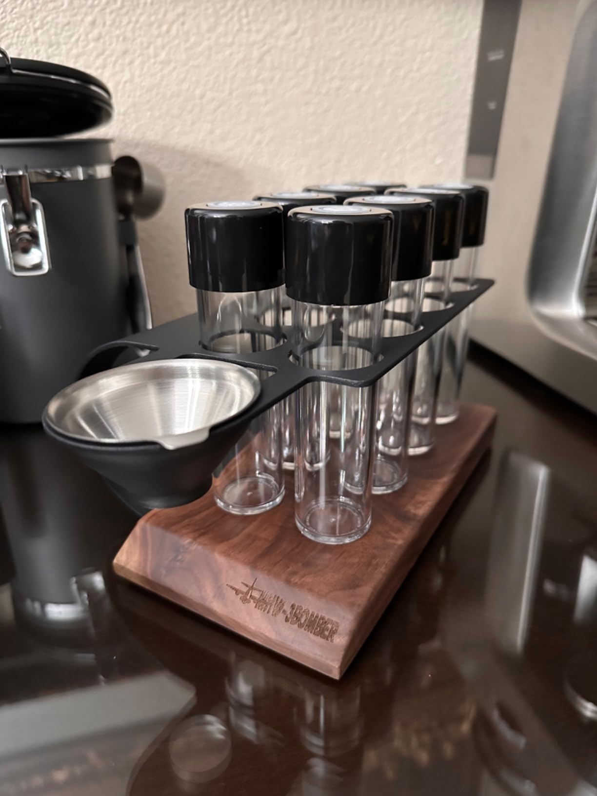 MHW-3BOMBER Single Dose Coffee Bean Storage Tubes, 8 pcs, Coffee Bean Cellars with One-Way Exhaust Valve, Espresso Dosing Vials with Walnut Stand & Hopper, C5152-OS customer photo 1