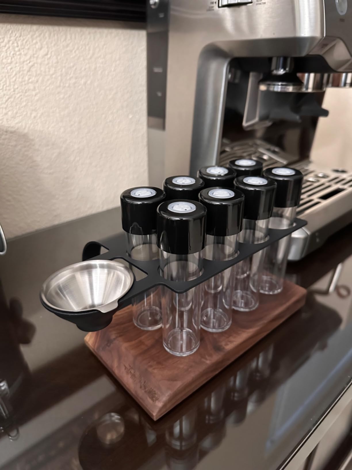 MHW-3BOMBER Single Dose Coffee Bean Storage Tubes, 8 pcs, Coffee Bean Cellars with One-Way Exhaust Valve, Espresso Dosing Vials with Walnut Stand & Hopper, C5152-OS customer photo 2