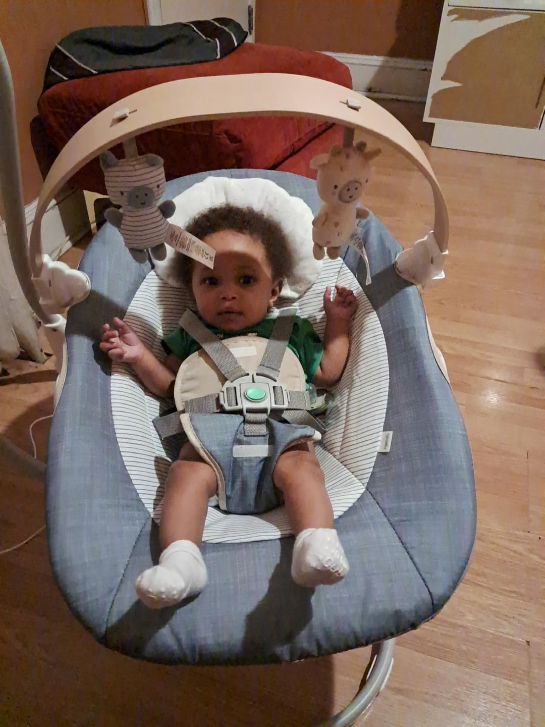 Ingenuity SimpleComfort Compact Baby Swing, Rotating Seat Swings in 3 Directions, 6 Speeds, 8 Melodies & 3 Nature Sounds, Ages 0-9 Months, Up to 20 Pounds - Chambray customer photo 2