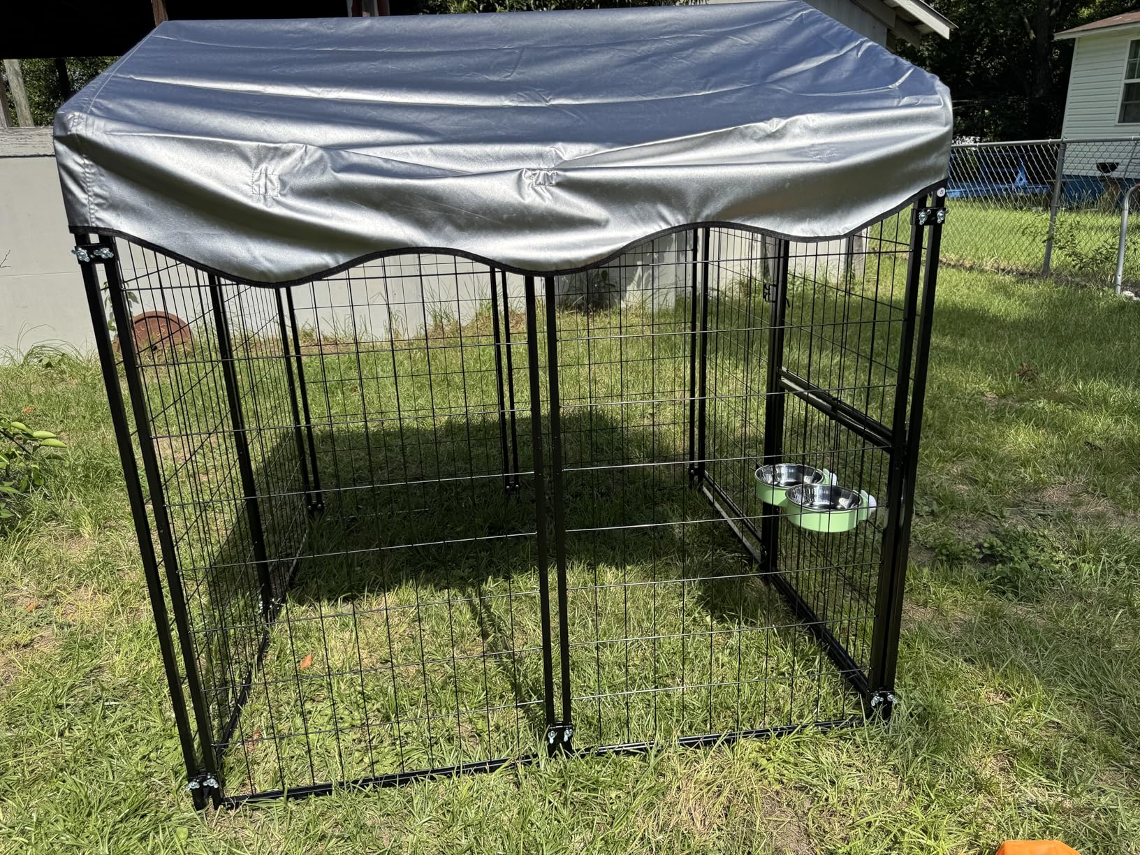Mr IRONSTONE Outdoor Dog Kennel Heavy Duty Metal Dog Enclosure with Roof, Rotating Food & Water Feeder, Waterproof Covered Large Dog Run for Backyard, Secure Lock Design (4'L x 4'W x 4.4'H) customer photo 2