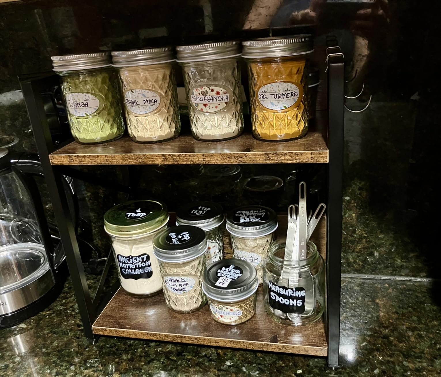 RUILALIFE 2 Tier Kitchen Counter Shelf Organizer, Coffee Bar Station Organizer for Countertop, Space Saving Spice Rack, Desk Shelf Riser, Coffee Bar Accessories (Rustic Brown, Medium) customer photo 1