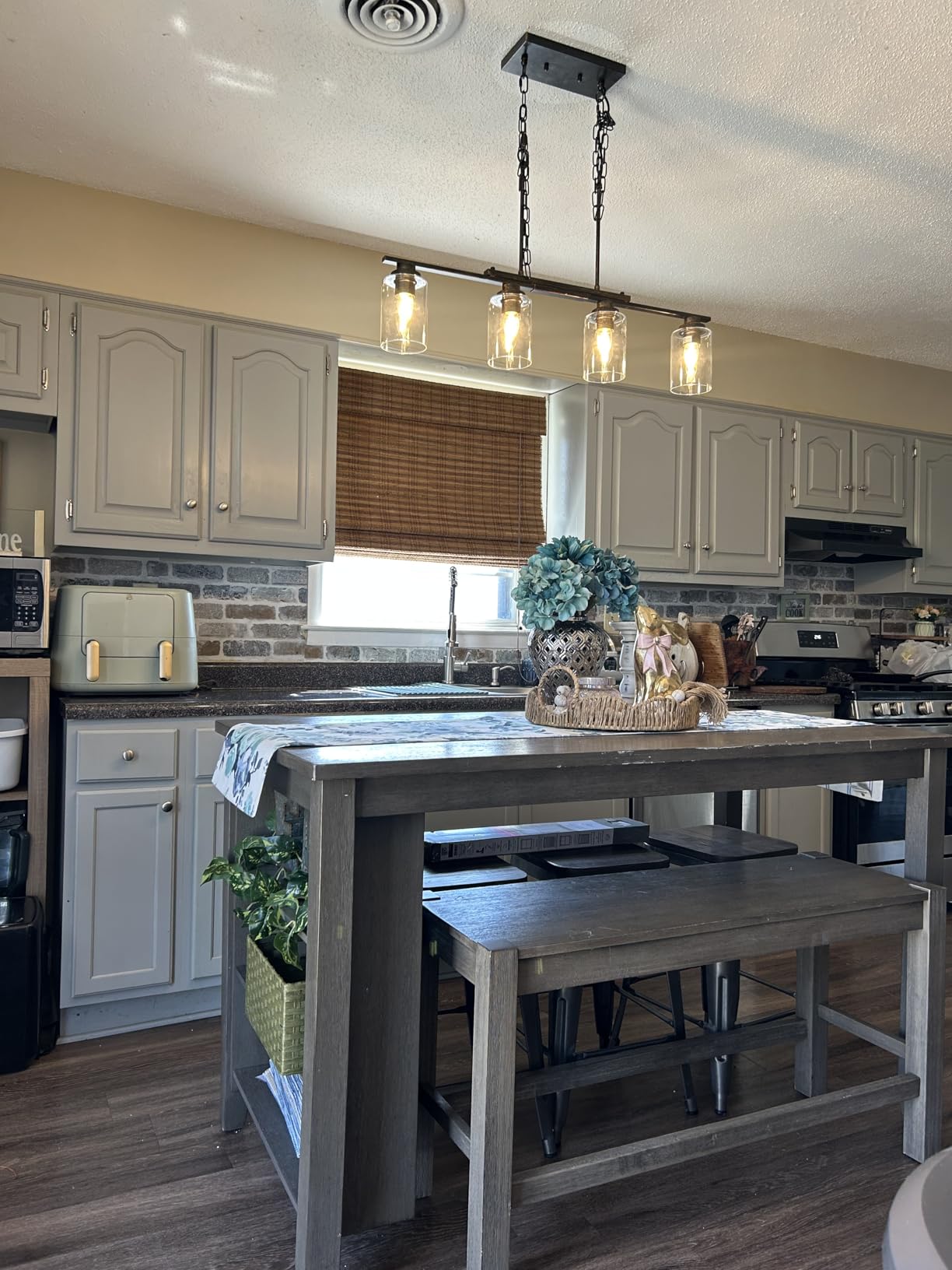 VONLUCE Dining Room Light Fixture Over Table, 5-Light Kitchen Island Lighting with Glass Shade and Adjustable Rods, Farmhouse Linear Chandelier Pendant Light customer photo 1