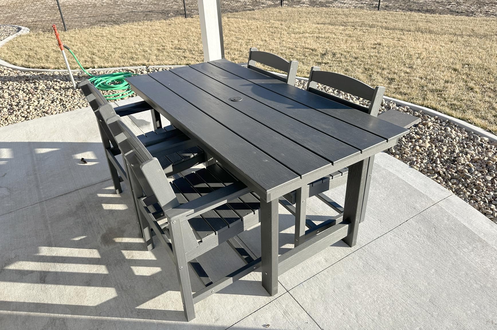 SERWALL Outdoor HDPE Dining Table Set, 7-Piece Outdoor Dining Table Sets with Umbrella Hole Cut-Out Table and 6 Chairs, Gray customer photo 2