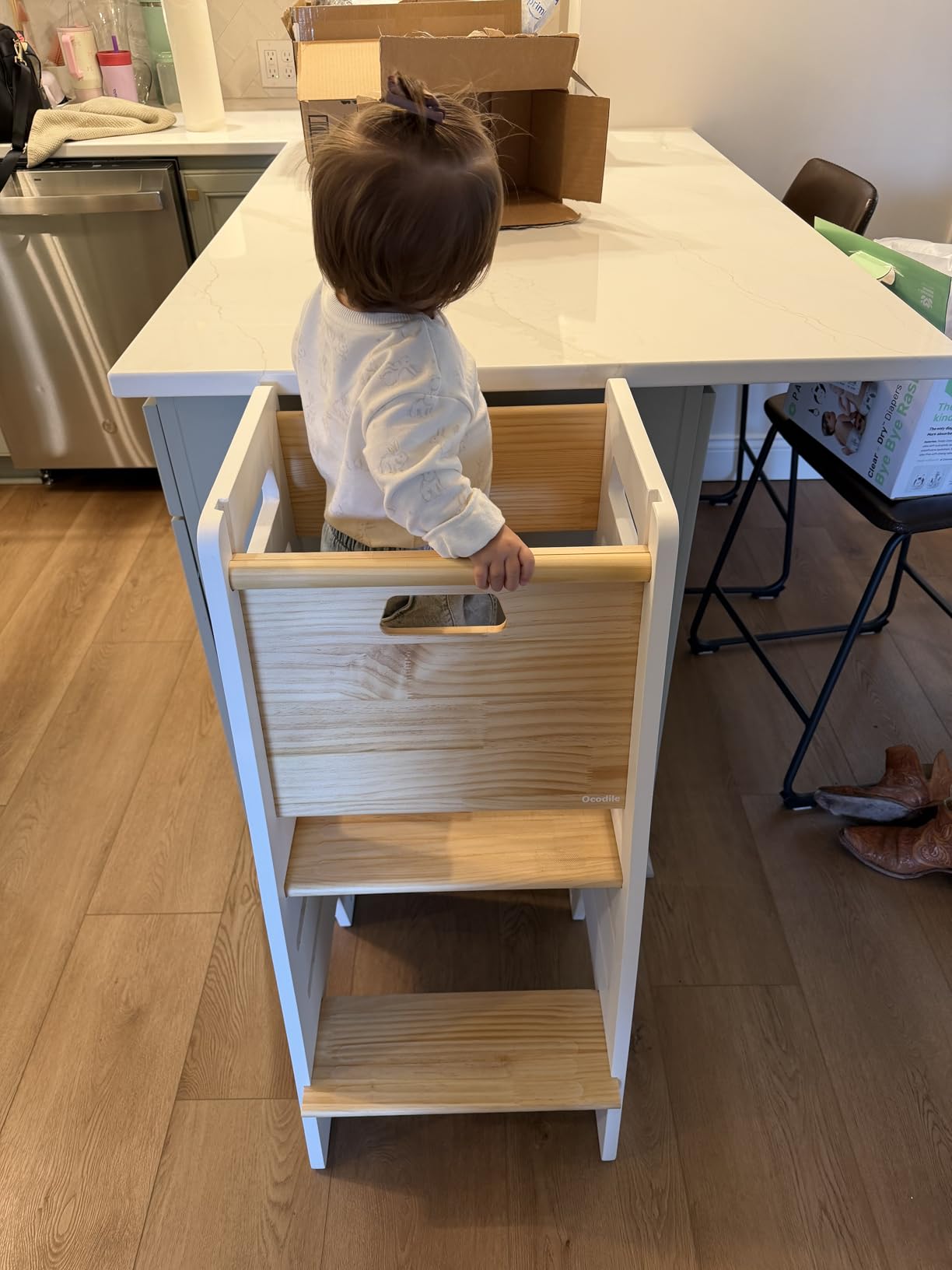 OCODILE Toddler Tower with a Sliding Door and 3 Adjustable Heights - Safe Toddler Kitchen Stool Helper with Support Feet - Updated Design for 18+ Months to 6-Year-Old Kids - White customer photo 1