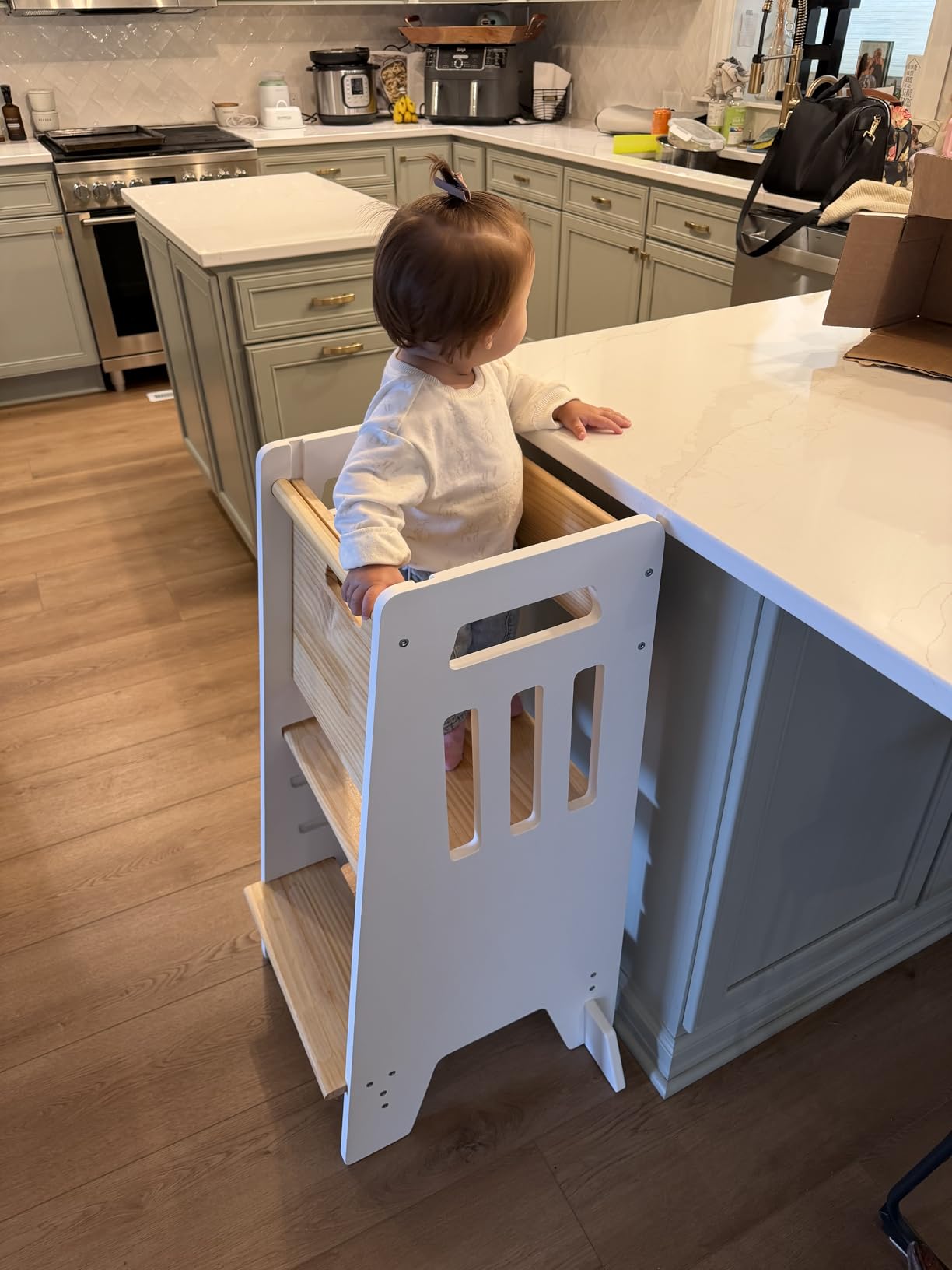 OCODILE Toddler Tower with a Sliding Door and 3 Adjustable Heights - Safe Toddler Kitchen Stool Helper with Support Feet - Updated Design for 18+ Months to 6-Year-Old Kids - Gray customer photo 2