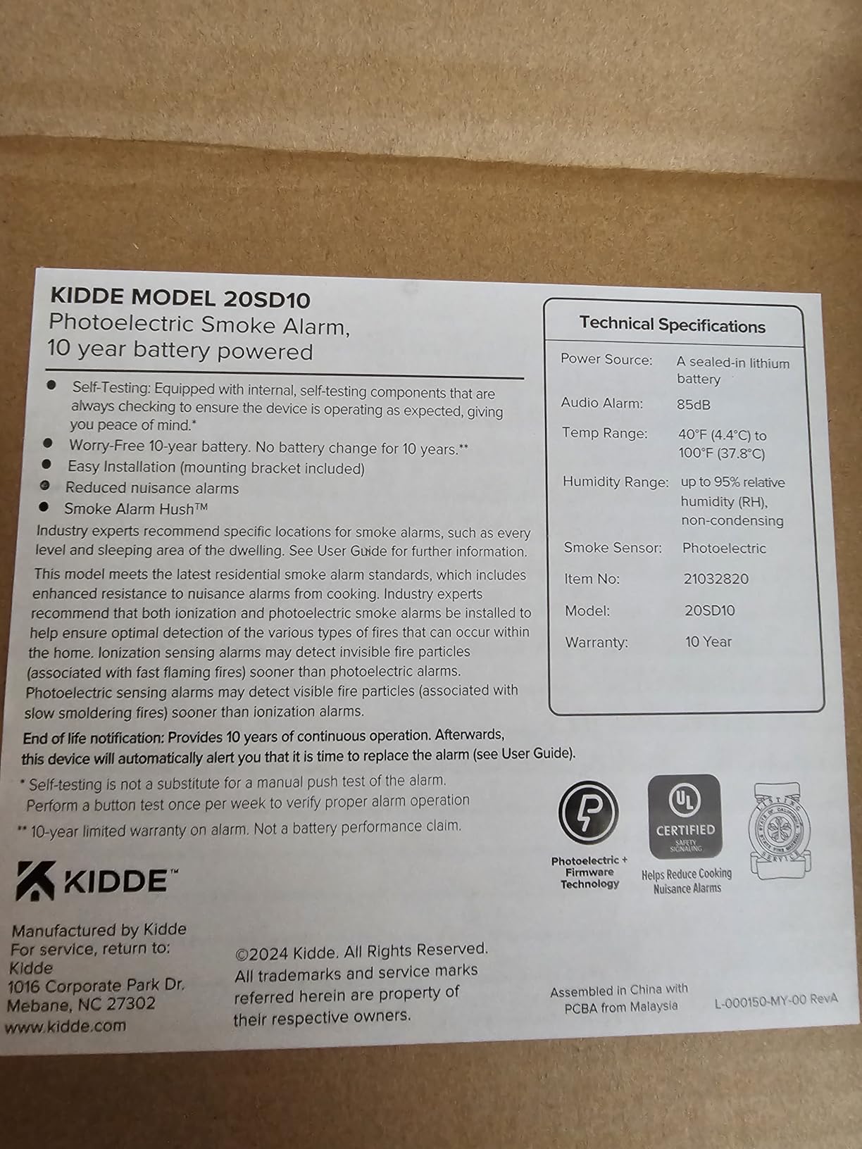 Kidde Smoke Detector, 10-Year Battery Powered, with LED Status Lights, 85 dB Alarm, 5-inches, 20SD10, 1 Pack customer photo 2