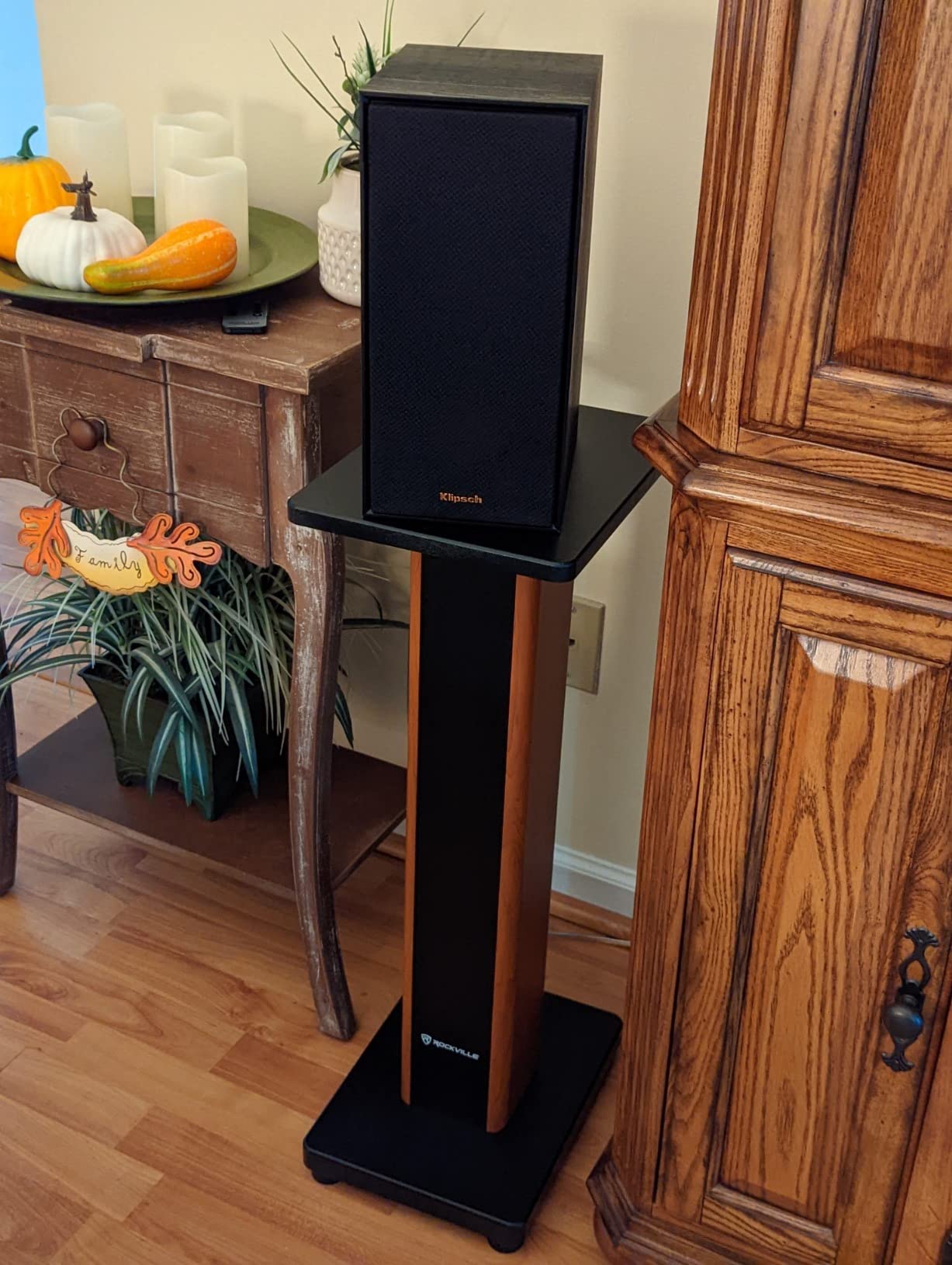 Rockville Pair RHT28D 28 inch Bookshelf Speaker Stands, Dark Wood Grain, 60 lbs Capacity, Sand-Fillable Design, Dual Platform Sizes, Anti-Slip Pads, for Home Theater and Studio Monitors customer photo 2
