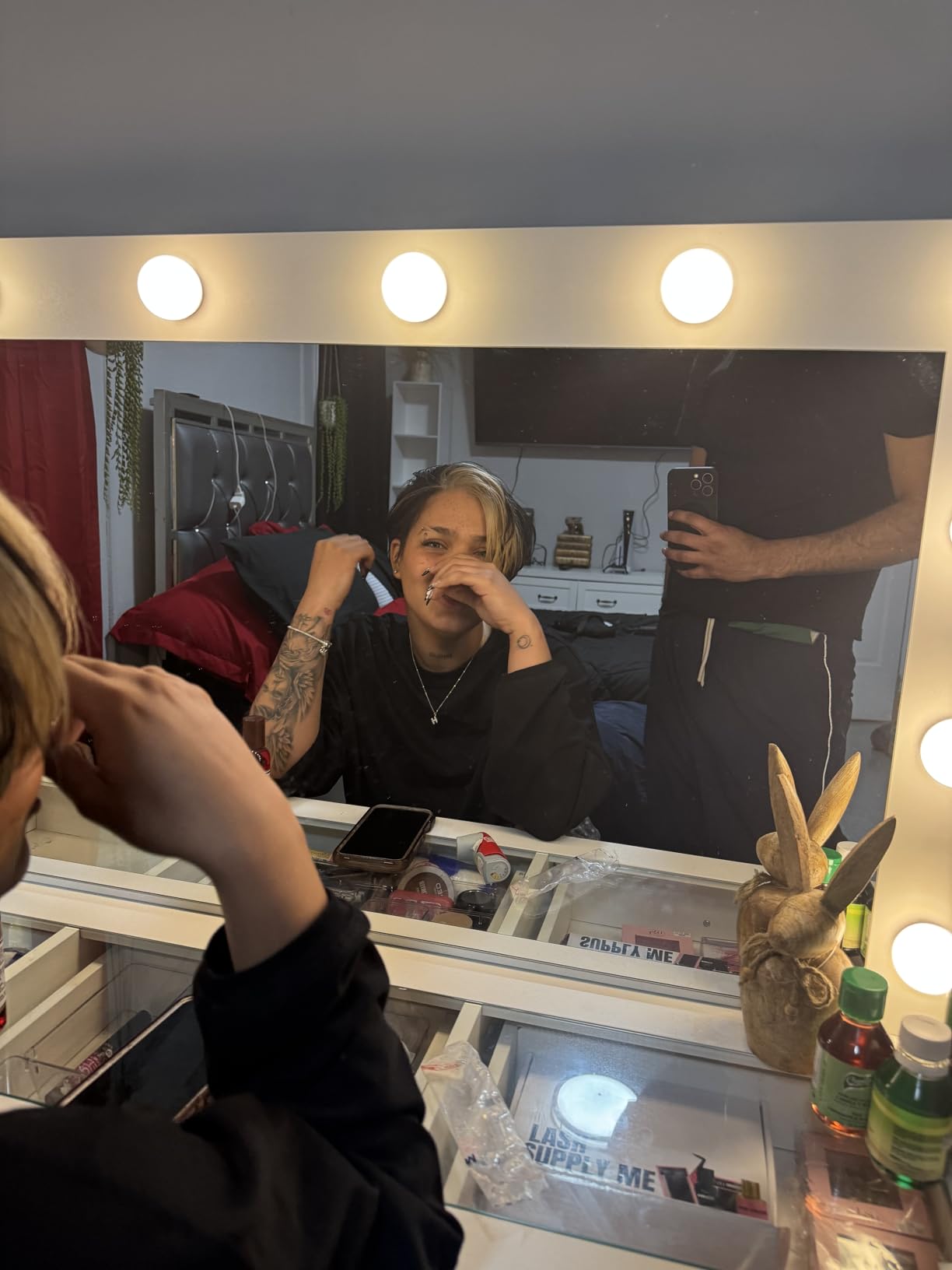 Yanosaku Vanity Desk & Power Outl, Makeup Vanity with Mirror and 12 LED Lights, Makeup Table with 11 Drawers, Vanity Table with Chair,Set 3 Lighting Modes Brightness Adjustable-(White) customer photo 1