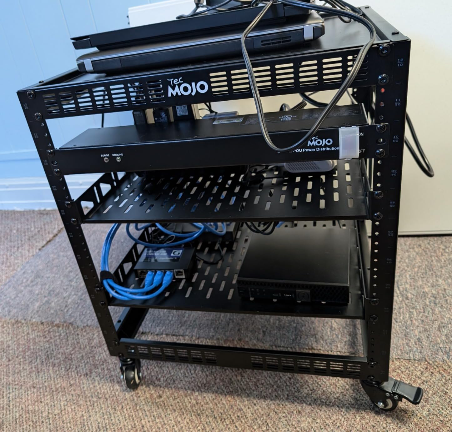 TECMOJO 20U Open Frame Network Rack for IT & AV Gear, 4-Post With Casters, Mobile With 2 PCS 1U Server Shelf & Mounting Hardware, for 19