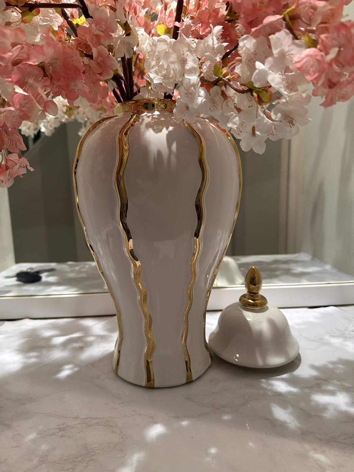 Ginger Jar, White Gold Ceramic Vase Large Handmade Porcelain Vases with Lid, White Gold Decorative Flower Vase for Home, Living Room, Weddings, Centerpieces (14in with Lid) customer photo 1