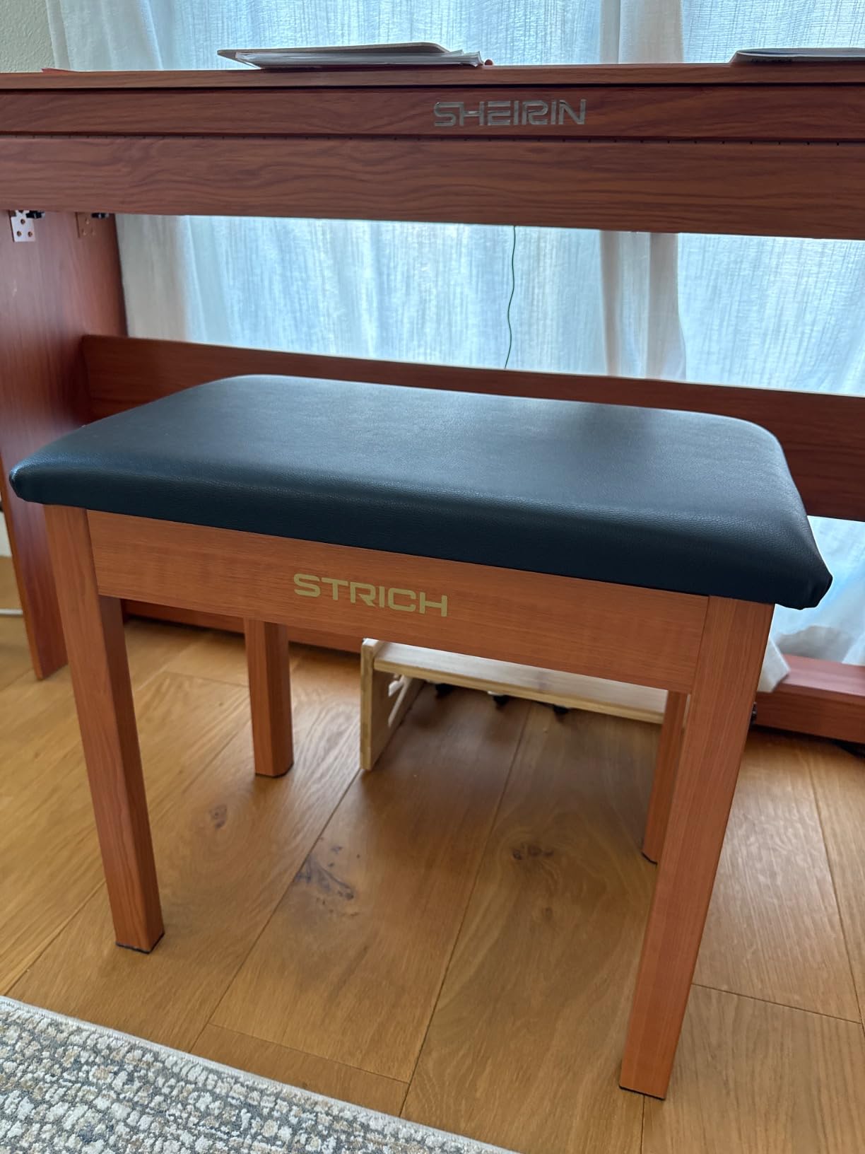 STRICH Piano Bench with Storage, Solid Wood Keyboard Bench Piano Bookcase Stool Chair Seat with Padded Cushion, Mahogany Color customer photo 2
