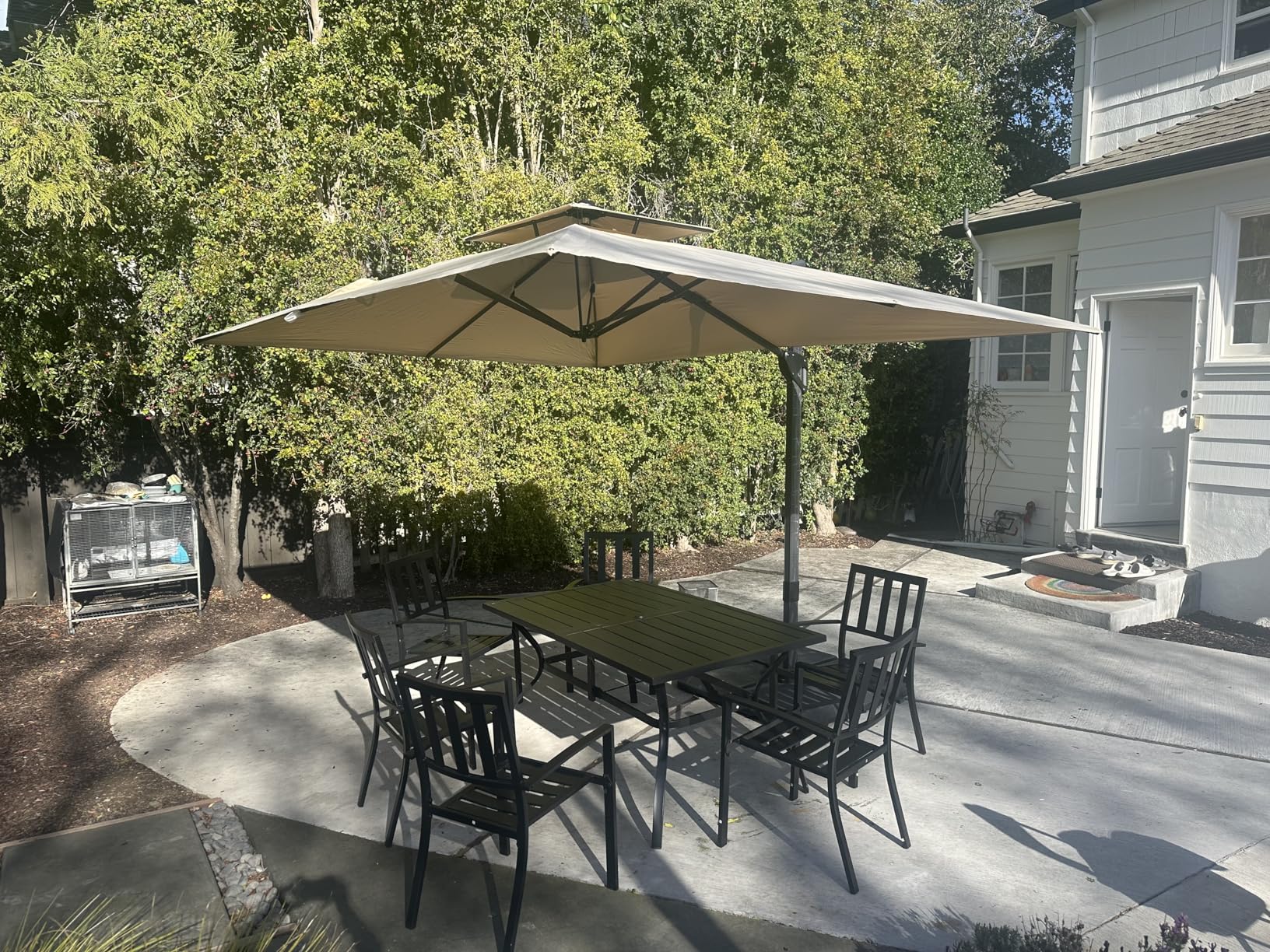 PHI VILLA 9' x 12' Cantilever Patio Umbrella with Base, Outdoor Rectangular Heavy Duty Large Umbrella with Hydraulic Lift and 360° Rotation, Beige customer photo 1