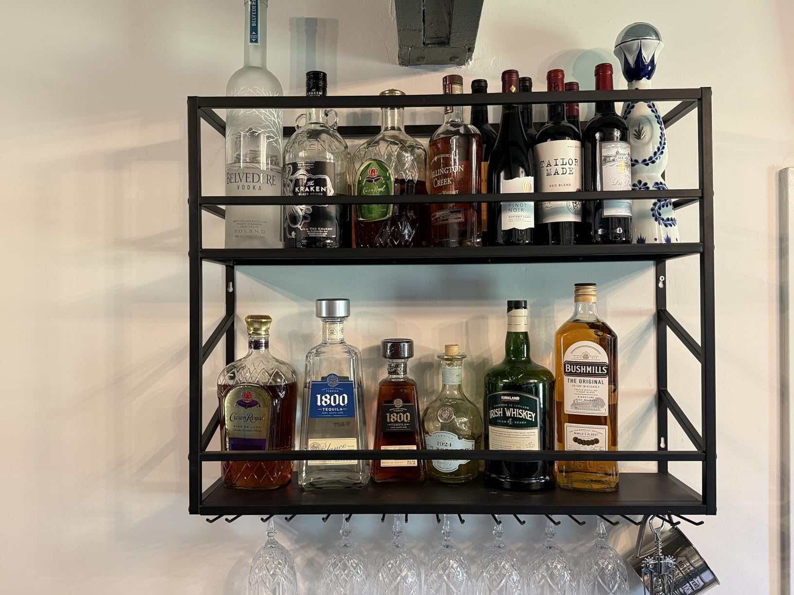 Wall Mounted Wine Rack 2 Tier, Metal Bar Liquor Shelves and Glass Holder, Wall Bar Shelf Wine Display Storage Holder for Home Bar, Dining Room, Kitchen (31.4 x 7.8 x 26in) customer photo 2