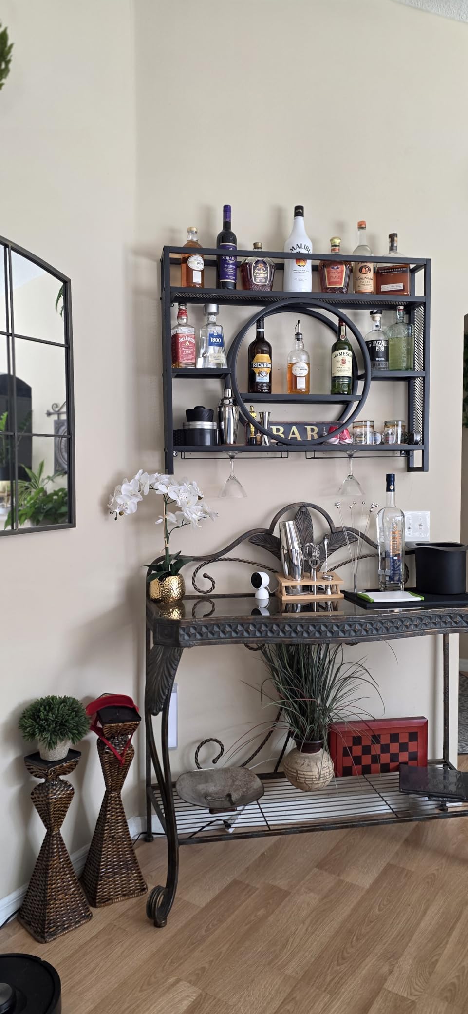 47 Inch Metal Wall Mounted Wine Rack, 3 Tier Bar Shelves with Glass Holder, Large Capacity Modern Liquor Shelves for Home Bar, Dining Room & Kitchen, Black customer photo 2