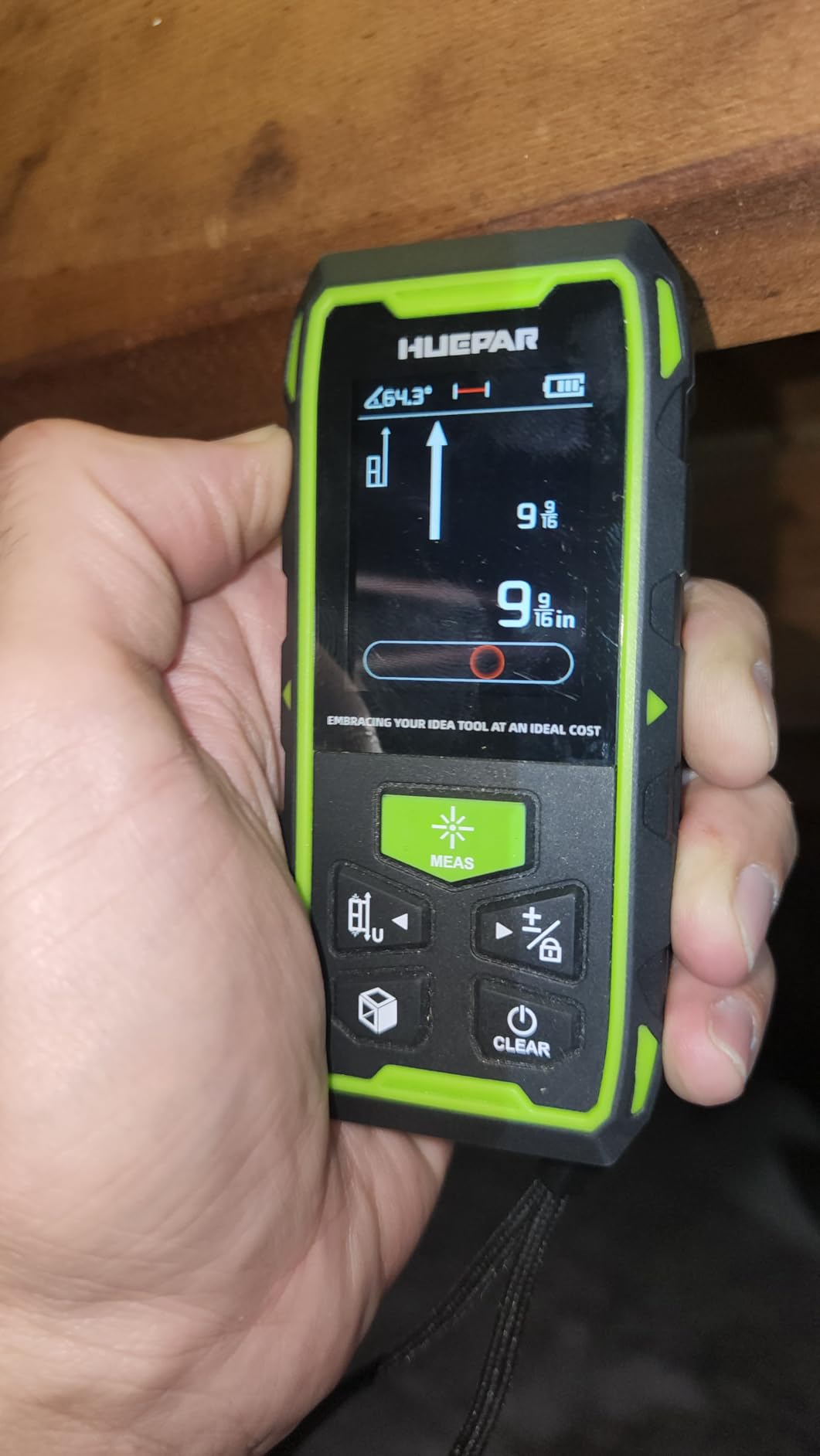 Huepar Dual Laser Measuring Tool, 393Ft Green-Beam Bilateral Digital Laser Distance Measure, Rechargeable customer photo 1