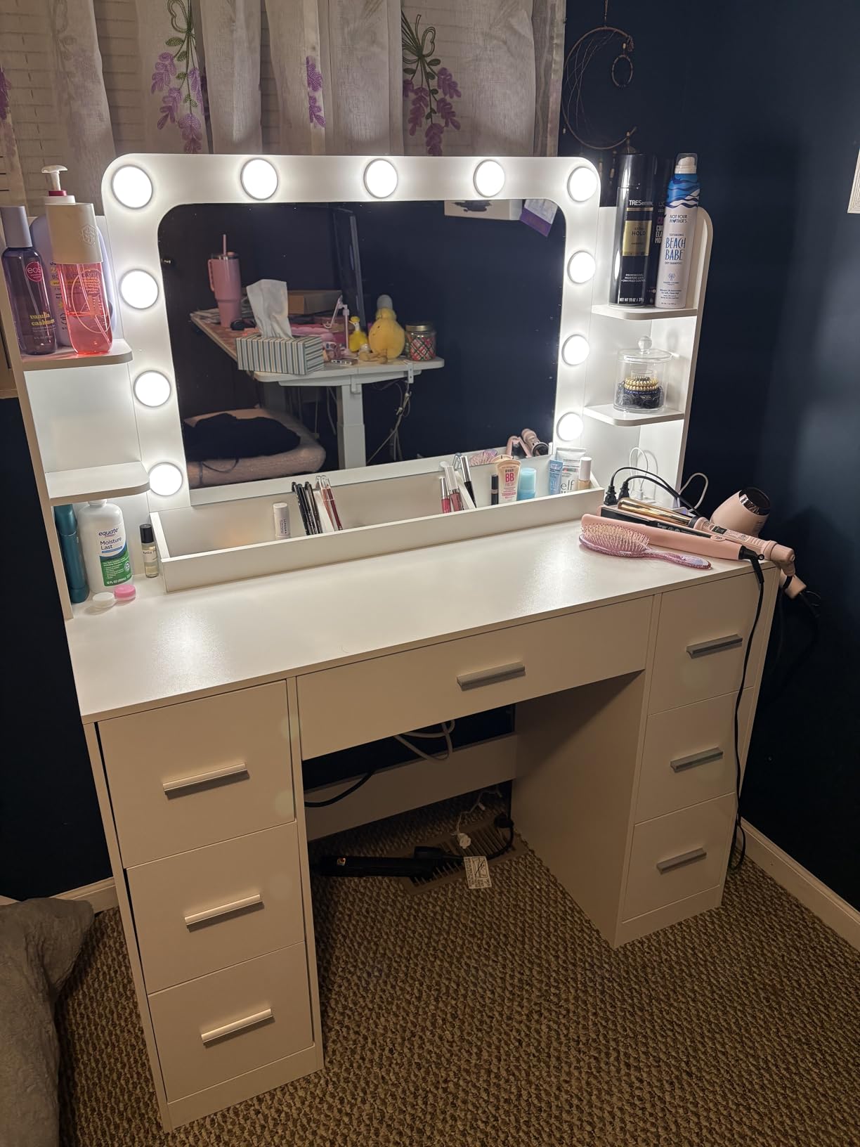 Furmax Vanity Desk with Mirror, LED Lights and Power Outlet Makeup Vanity Table with 7 Drawers and 6 Storage Shelves Dressing Table for Bedroom Dressing Room (White) customer photo 2